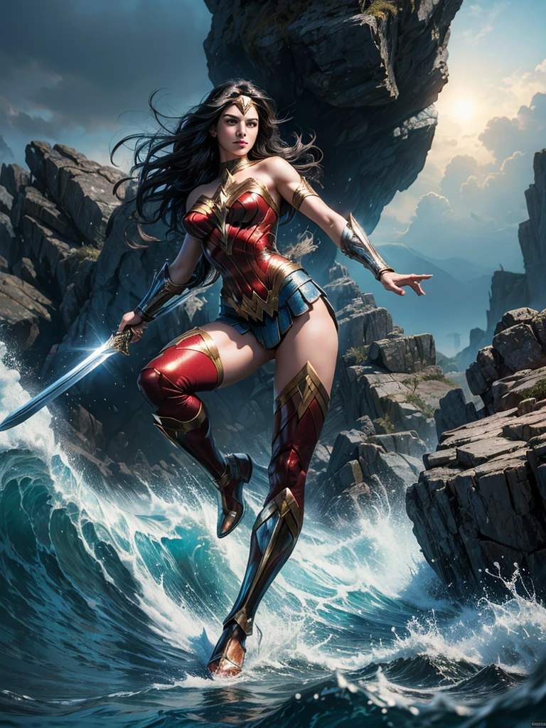 ((fantasy art)), action, heroism, grandeur, power, sensuality, stunning shadows, expertly detailed, epic, powerful and profound. DC Comics Wonder Woman is standing on top of a large rock, she is above us, we have a view from below, she is above the horizon line, Wonder Woman looks incredibly beautiful, slender, dynamic pose, pose action, Knees slightly bent, she is prepared for battle, she is holding a sword in her right hand and a shield in her left hand, her legs are slightly bent, dynamic pose, battle pose, she looks at the camera, her hair is very long and fluttering. Full body, full body. seen from below, she is on top of a large rock, a large wave crashes against the rock she is on, a wave crashes against the rock behind her making the water rise above her head, rising high, it is raining . hero comics style, Jim Lee, Ed Benes, Adam Hughes, Ivan Reis, Frank Cho style. ((best quality)), ((masterpiece)), (high resolution: 1.2), ((best quality)), ((masterpiece)), (high resolution: 1.2)