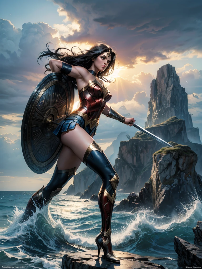 ((fantasy art)), action, heroism, grandeur, power, sensuality, stunning shadows, expertly detailed, epic, powerful and profound. DC Comics Wonder Woman is standing on top of a large rock, she is above us, we have a view from below, she is above the horizon line, Wonder Woman looks incredibly beautiful, slender, dynamic pose, pose action, Knees slightly bent, she is prepared for battle, she is holding a sword in her right hand and a shield in her left hand, her legs are slightly bent, dynamic pose, battle pose, she looks at the camera, her hair is very long and fluttering. Full body, full body. seen from below, she is on top of a large rock, a large wave crashes against the rock she is on, a wave crashes against the rock behind her making the water rise above her head, rising high, it is raining . hero comics style, Jim Lee, Ed Benes, Adam Hughes, Ivan Reis, Frank Cho style. ((best quality)), ((masterpiece)), (high resolution: 1.2), ((best quality)), ((masterpiece)), (high resolution: 1.2)