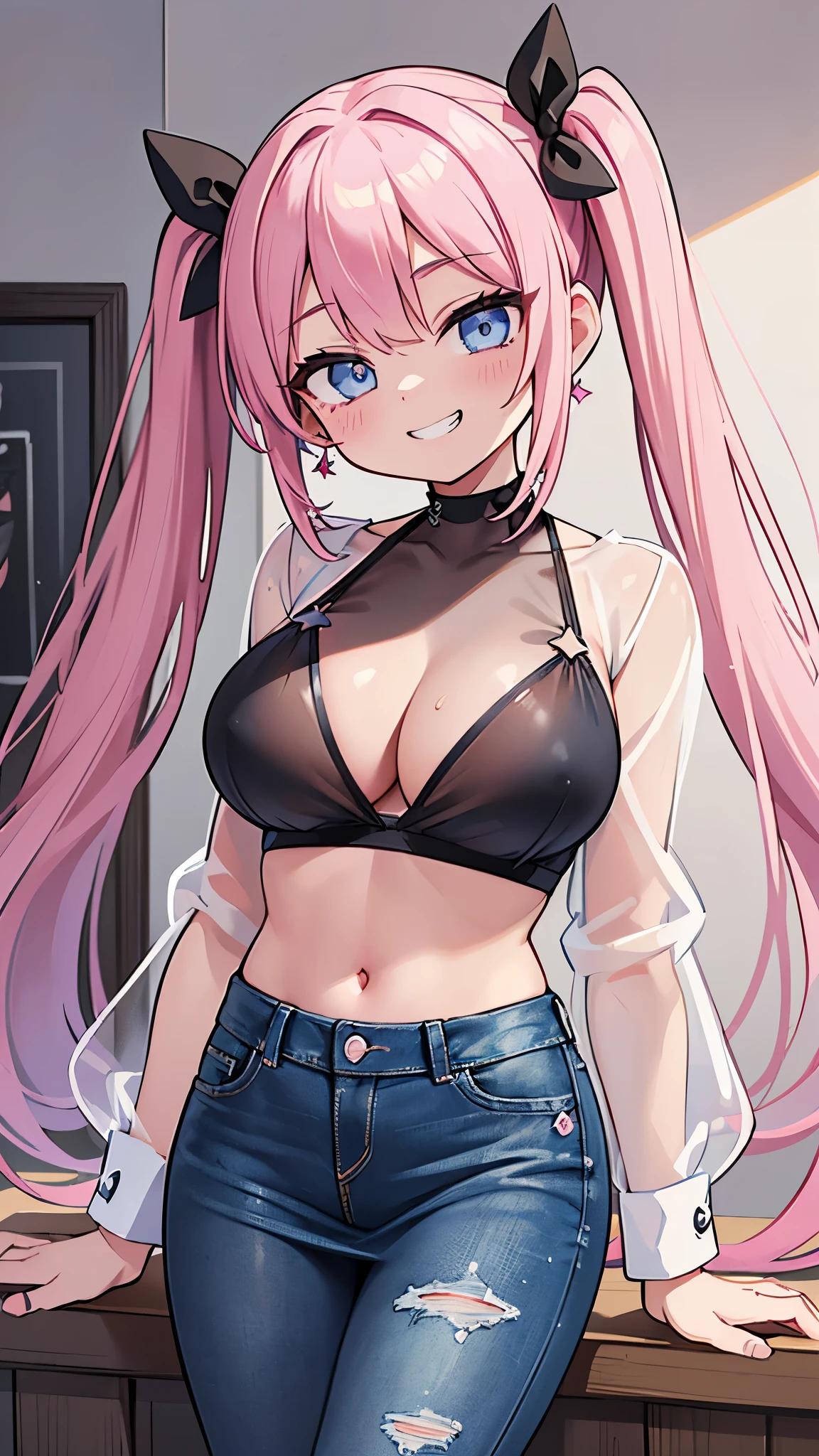 (masterpiece、highest quality、Super detailed)、((One girl))、((Pink Hair))、((Twin tails))、((Light blue eyes))、evil smile、((Grin))、Earrings、((Very large breasts))、((black bikini))、((black see-through clothes))、((denim pencil skirt))、Cowboy Shot、Bedroom Background