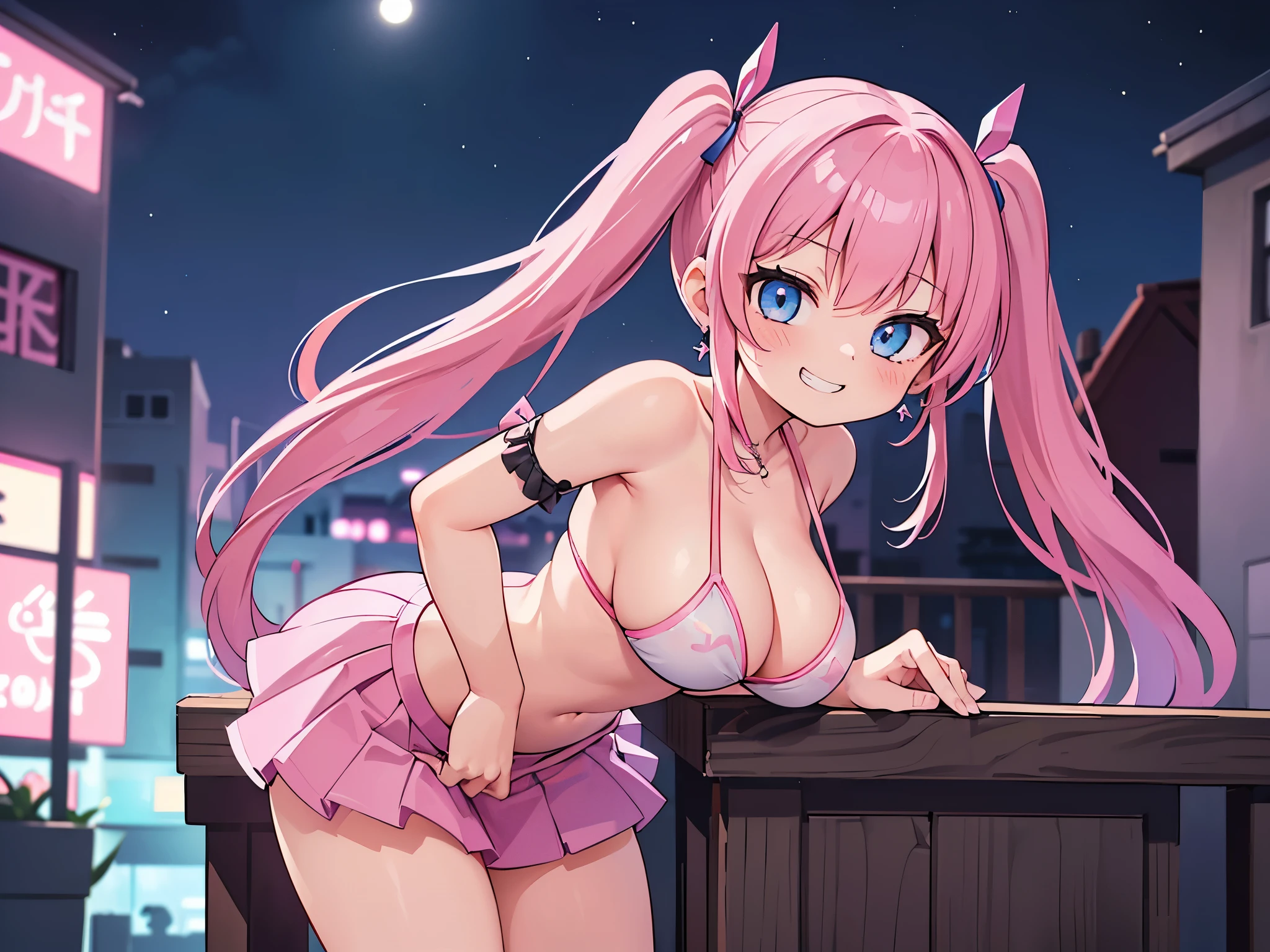 (masterpiece、highest quality、Super detailed)、((One girl))、((Pink Hair))、((Twin tails))、((Light blue eyes))、evil smile、((Grin))、Earrings、((Very large breasts))、((bikini))、((micro miniskirt))、((thong))、Cowboy Shot、((bent over))、Shoot from behind、((night))、Back Alley Background