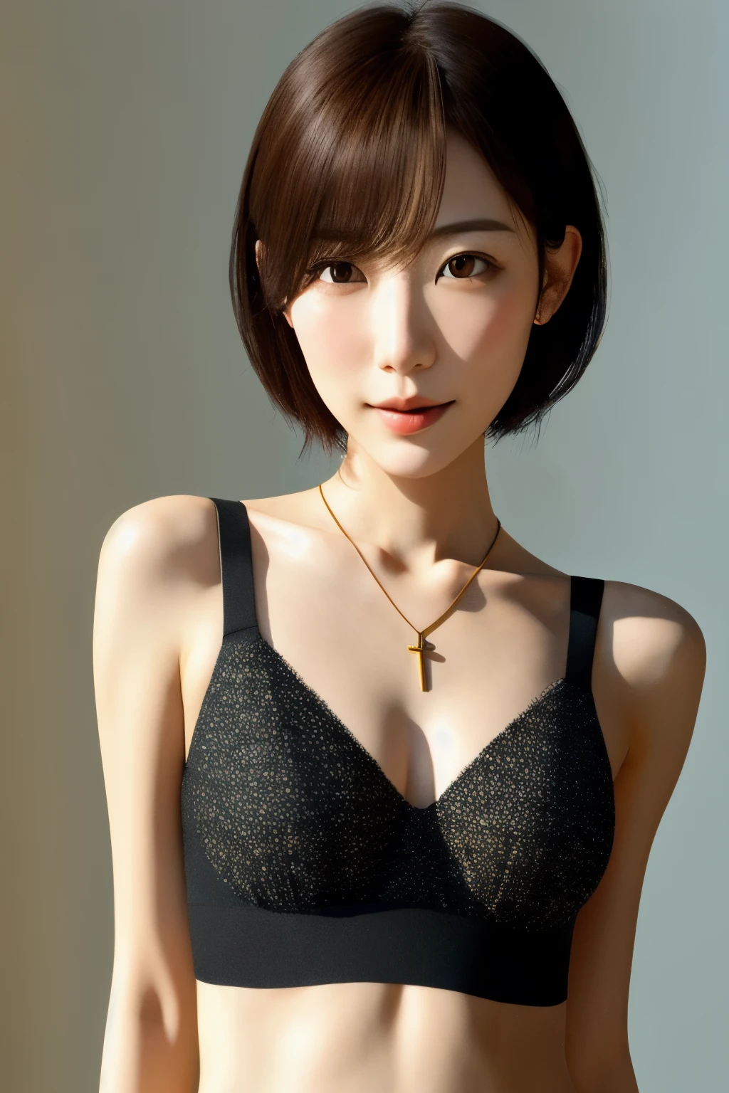 Skinny Japanese woman, Dressed, small head, cute face, detailed face, detailed eyes, (photographrealistic:1.4), (Hyper realistic:1.4), (Realistic:1.3), (Smoother lighting:1.05), (increase cinematic lighting quality:0.9), 32K, 1girl in, 30-years old, Realistic lighting, Backlighting, Light on Face, raytrace, (Brightening light:1.2), (Increase quality:1.4), (Top quality real texture skins:1.4), Black underwear, a necklace, Very thin waist, slender legs, (Increase body line mood:1.1), (Increase the beauty of skin texture:1.1)