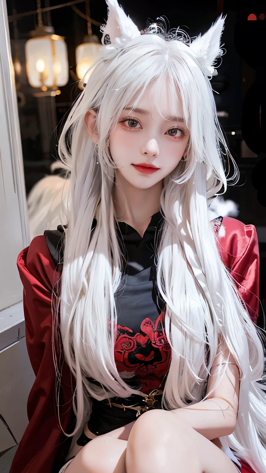 Long white hair - Red eyes - Black hair accessory - Hoodie - Elegant - Mysterious - Less revealing - Modest - Unique - Smiling - Attractive - Presence