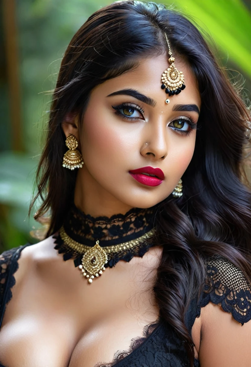 Create a photo realistic hyper realistic young Indian girl, beautiful perfect face, vibrant eyes, thin curved eyebrows, long luscious eyelashes, black eyeliner, black eye shadow, curved lips,lipstick, makeup, long luscious hair, lace choker collar, sexy curved body, large breast, see-through lace, fullbody view,