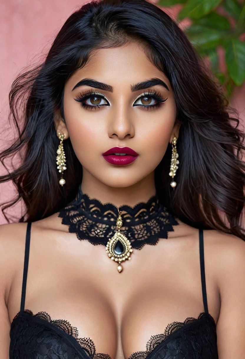 Create a photo realistic hyper realistic young Indian girl, beautiful perfect face, vibrant eyes, thin curved eyebrows, long luscious eyelashes, black eyeliner, black eye shadow, curved lips,lipstick, makeup, long luscious hair, lace choker collar, sexy curved body, large breast, see-through lace, fullbody view,