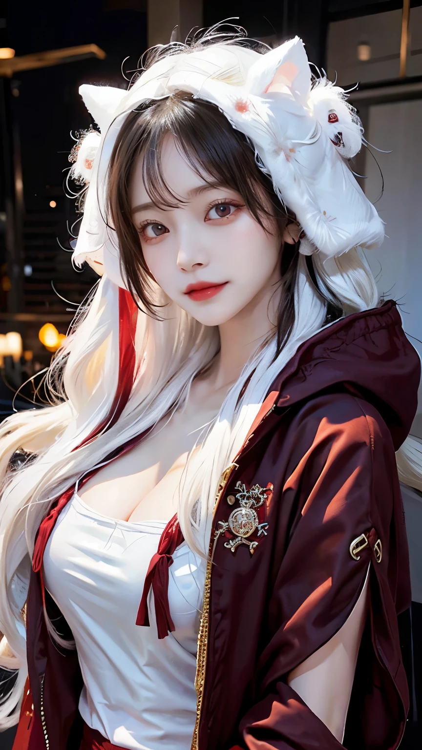 Long white hair - Red eyes - Black hair accessory - Hoodie - Elegant - Mysterious - Less revealing - Modest - Unique - Smiling - Attractive - Presence