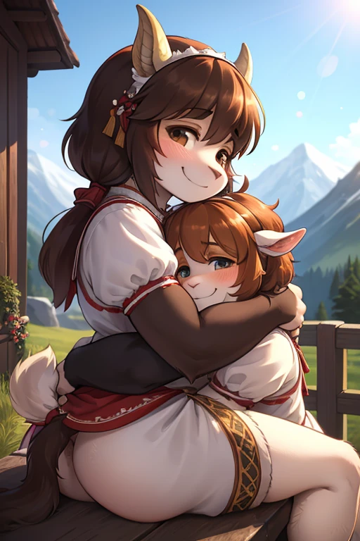 rear Bokeh , (closeup face) , 2 hairy goat girls , realistic hairy fur , round face , Swollen cheeks , smile , Hair ties , (Swiss traditional costume) , in the Mountains in Alm , front view , back shot , side view , Dutch angle , (Hug) , look at someone