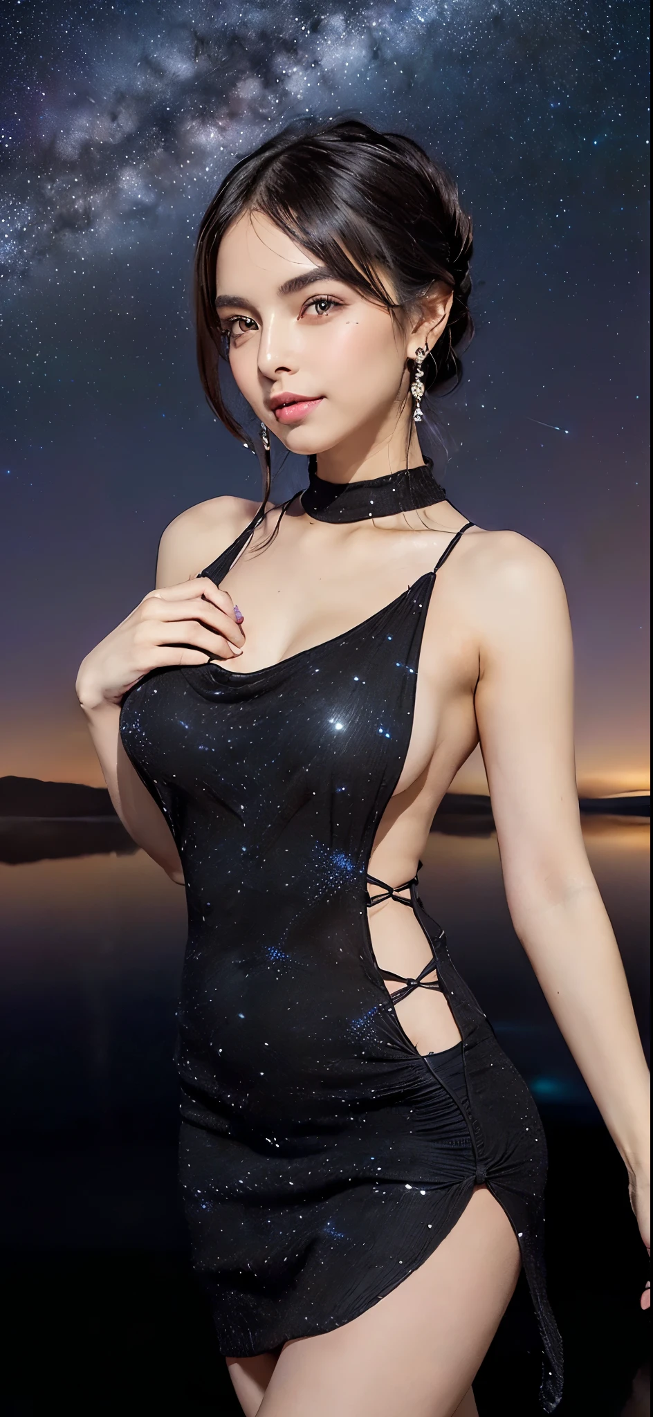 (((masterpiece:1.4, Best Quality:1.4, 8K,))), ultra high res, Physically Based Rendering, Portrait, ultra Beautiful Sexy Woman, 24yo, Detailed large eyes, detailed thin eyebrows, Highlights in the eyes, (dark brown ultra long straight half updo hair, bangs:1.2), Highly detailed facial and skin texture, Clear focus:1.2, Slender beauty:1.4, ((gigantic breasts:1.5)), Slim abs, narrow waist, (gentle smile:1.2), ((transparent black tight knit mini dress, sideboob:1.3, off shoulders:1.4, sleeveless, dress lift:1.6)), ((no panties:1.2)), (standing with spread legs wide:1.3), ((beautiful pussy exposed:1.4, pubic hair)), (on the surface of the Salar de Uyuni:1.4), (night view), (incredible starry sky:1.2), (A sky full of stars reflected in the Salar de Uyuni:1.3), ((A sky full of stars is reflected on the beautifully clear water surface)), (((A huge number of glowing particles flying through the air:1.2))),