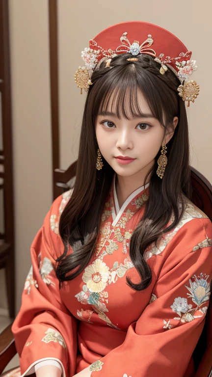 (8k, RAW Photos, highest quality, masterpiece: 1.2), (Realistic, Realistic: 1.37), 1 female, ancient China, 200 A.D., A room in the imperial court at the end of the Eastern Han Dynasty。The Empress、Sit with good posture in a luxurious chair。Wearing bright red clothing。The clothes are intricately embroidered。With a beautiful face、She wears a hair accessory that was popular at the time..。With a slightly embarrassed look、Laugh brightly、Looking straight ahead。looking at the camera。fine。
