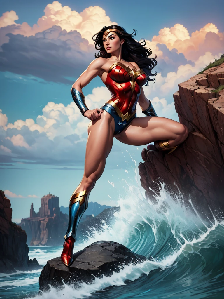 ((fantasy art)), action, heroism, grandeur, power, sensuality, stunning shadows, expertly detailed, epic, powerful and profound. DC Comics Wonder Woman is standing on top of a large rock, she is above us, we have a view from below, she is above the horizon line, Wonder Woman looks incredibly beautiful, slender, dynamic pose, pose action, Knees slightly bent, she is prepared for battle, she is holding a sword in her right hand and a shield in her left hand, her legs are slightly bent, dynamic pose, battle pose, she looks at the camera, her hair is very long and fluttering. Full body, full body. seen from below, she is on top of a large rock, a large wave crashes against the rock she is on, a wave crashes against the rock behind her making the water rise above her head, rising high, it is raining . hero comics style, Jim Lee, Ed Benes, Adam Hughes, Ivan Reis, Frank Cho style. ((best quality)), ((masterpiece)), (high resolution: 1.2), ((best quality)), ((masterpiece)), (high resolution: 1.2)