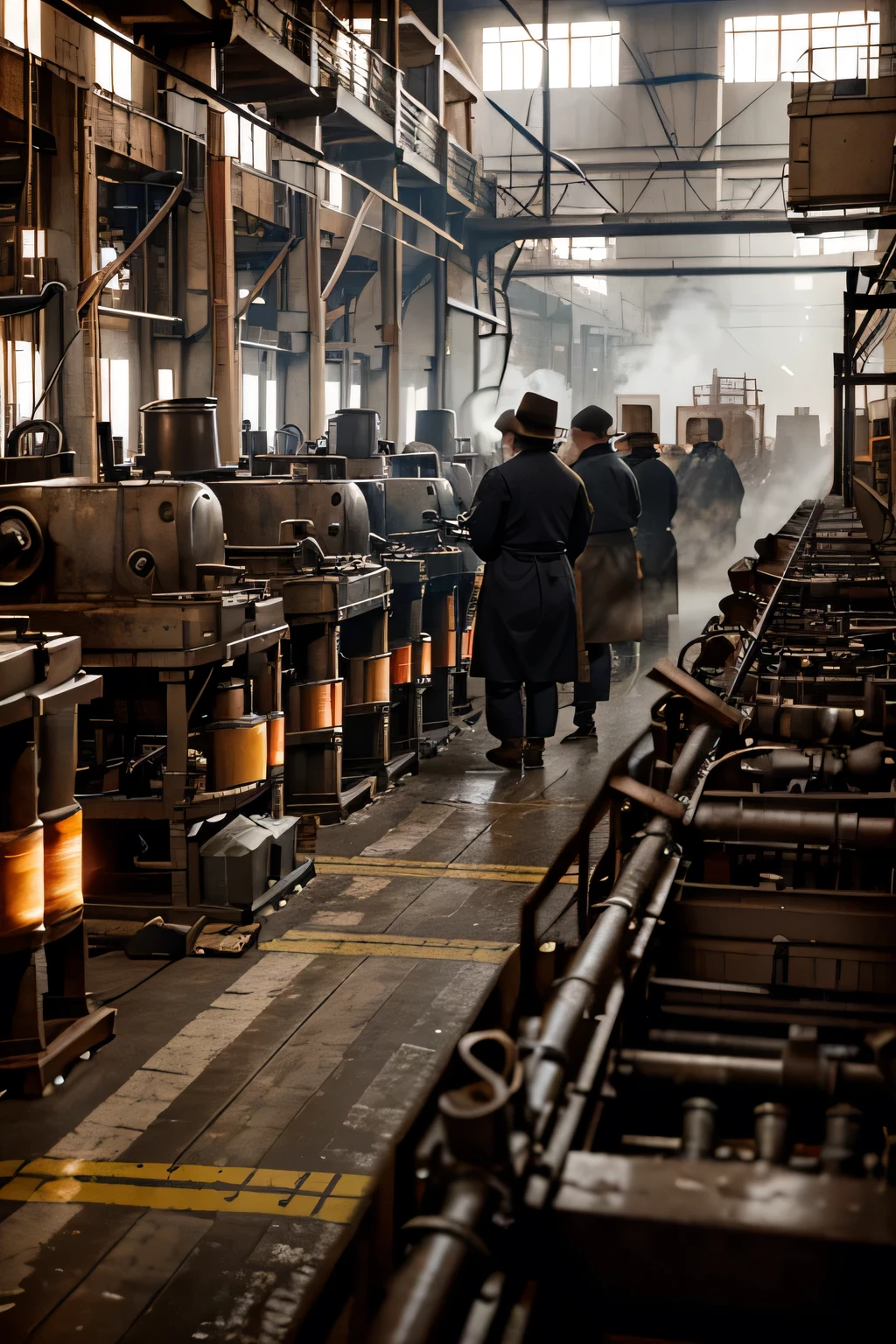 Create an image that represents what it was like inside a factory during the second industrial revolution, production line of factories at the time, tons cinzas