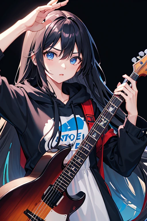 background through, long hair、straight hair、black hair girl, blue eyes、Super high quality, 8K、Upper body、Blue background、Band vocals、black hoodie、Blue Guitar