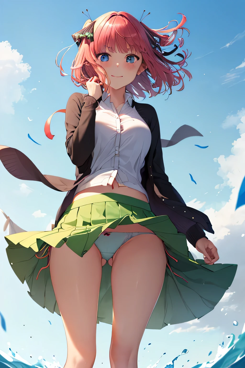 Master Parts, highest quality, Hello、There is nothing, No1, One girl, hair band, short hair, Green Skirt, White shirt, Black cardigan, Open clothes, Long sleeve, High contrast shiny oily skin, huge long, Big spoiled, Great emphasis, White underwear, (Wind, Wind lift, Saia que levanta ao Wind, Saia que se enrola ao Wind, Fluttering skirt: 1.5), ( Panties fully exposed: 1.5), White ribbed panties: 1.5, (Are standing: 1.7), blush, Embarrassing, big, With a smile