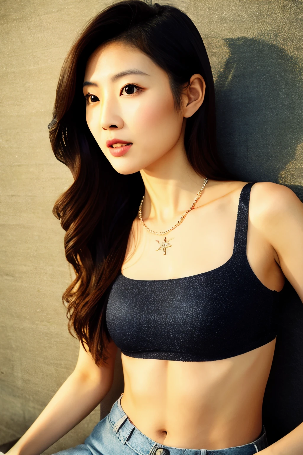Skinny Japanese woman, Dressed, small head, cute face, detailed face, detailed eyes, (photographrealistic:1.4), (Hyper realistic:1.4), (Realistic:1.3), (Smoother lighting:1.05), (increase cinematic lighting quality:0.9), 32K, 1girl in, 30-years old, Realistic lighting, Backlighting, Light on Face, raytrace, (Brightening light:1.2), (Increase quality:1.4), (Top quality real texture skins:1.4), Black underwear, a necklace, Very thin waist, slender legs, (Increase body line mood:1.1), (Increase the beauty of skin texture:1.1)