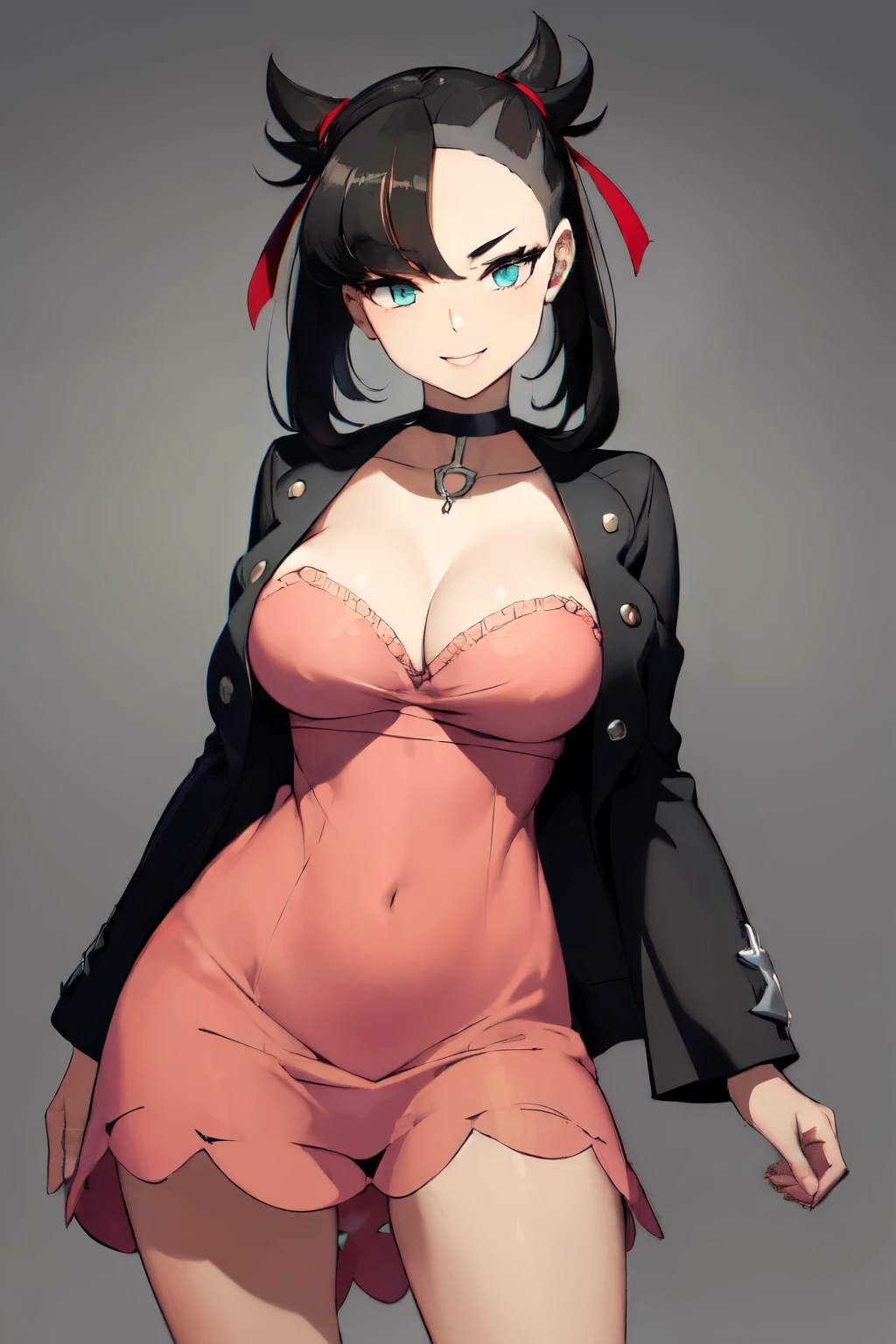 ((masterpiece,best quality)), absurdres, marnie, aqua eyes, black choker, red ribbon, pink dress, jewelry, black jacket, open clothes, long sleeves,  solo, smiling, looking at viewer, cowboy shot,  cinematic composition,  contrapposto, large breasts, microdress, crochet dress, strapless dress