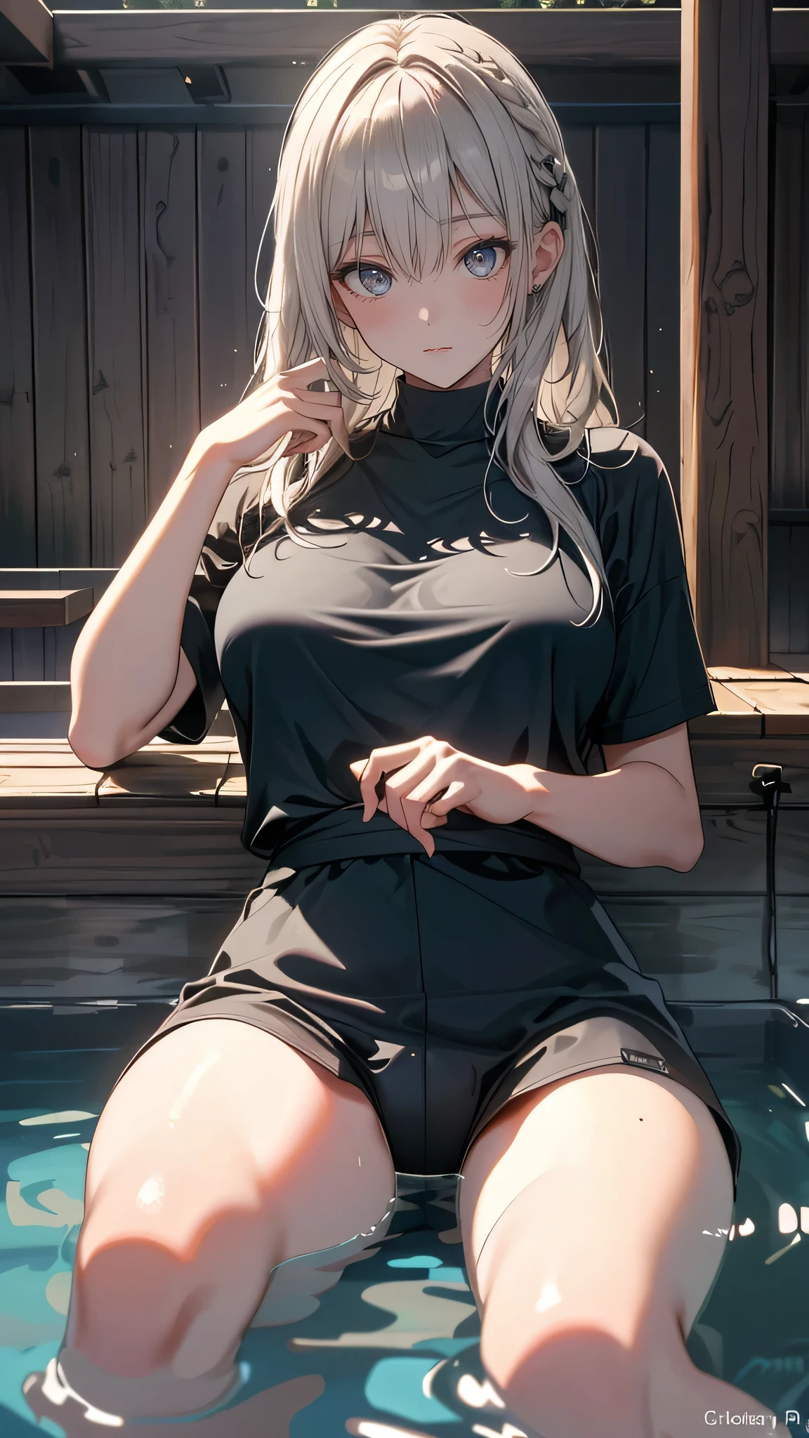 SAUNA,sitting,spread legs,(Random Pose),(floating in water),(soaked),(clothed:1.5),baggy t-shirt,(see through),lace swimsuit,(Thin type),(large breasts),(random hairstyle),(Highest image quality, (8K), Ultra-realistic, Best Quality, High quality, High Definition, high quality texture, high detailing, Beautiful detailed, fine detailed, extremely details CG, Detailed texture, realistic representation of face, masterpiece, presence)