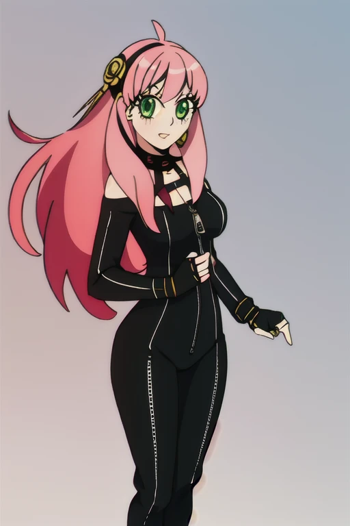 1girl, solo, Anya Forger, Yor Forger, pink hair, green eyes, silver earrings, looking at viewer, long hair with long locks, sidelocks, hair ornament, silver hairband, medium breasts, (thick thighs:0.8), outfit_3, black jumpsuit, zipper, black fingerless gloves, black thigh boots, standing
