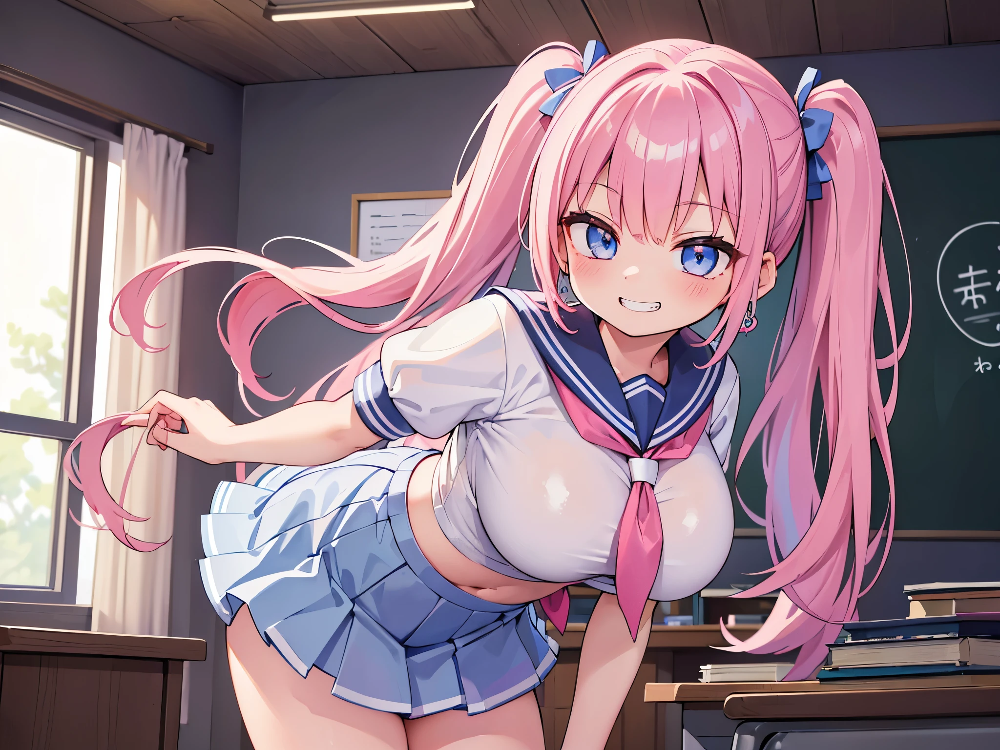 (masterpiece、highest quality、Super detailed)、((One girl))、((Pink Hair))、((Twin tails))、((Light blue eyes))、evil smile、((Grin))、Earrings、((Very large ))、((serafuku))、((micro miniskirt))、Cowboy Shot、((bent over))、Classroom Background