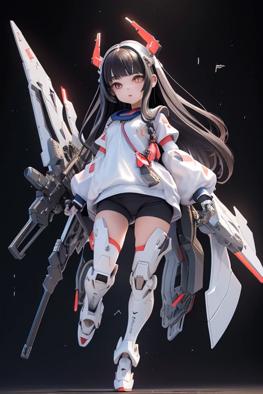 (highest quality)), ((masterpiece)), (Very detailed: 1.3), 3D, {(One Girl)}, (Navy blue bloomers and、Wear a white gym suit with colored hems underneath the armor:1.2), (Black Hair:1.5), (She is fused with a Gundam mecha from the future.:1.2), With headgear, With V-fin , Armored Shoulders,Armed, Armor under the feet, Short sleeve, Equipped with two huge weapons on its back, Weapon module mounted on the leg, Multi-layer texture perfect ratio, Octane Rendering, Duotone Lighting, Low ISO, wide aperture, White balance, Three-part method, Ultra HD 16k, High resolution (High Dynamic Range), Ray Tracing, NVIDIA, Super Resolution, Scattered beneath the surface, PBR Texturing, Post-processing, Anisotropic Filtering, Depth of written boundary, Maximum clarity and sharpness, Highly efficient subpixels, Subpixel Convolution, Particles of light, Scattered Light, Tyndall effect, whole body:1.5, Combat pose, cute, (cute:1.2), (Long Hair:1.3),Thick eyebrows, Light-colored irises, Big, bright black eyes, Long eyelashes, Small, light-colored, natural lips, (The average face of the Japan idol), (日本人特有のBaby Face:1.3), (Baby Face), Wide forehead:1.2, Plump Cheeks, Small jaw, In the Hangar,View your viewers,Focus on the eyes , (Four perfect fingers, One thumb),