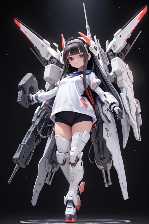 (highest quality)), ((masterpiece)), (Very detailed: 1.3), 3D, {(One Girl)}, (Navy blue bloomers and、Wear a white gym suit with colored hems underneath the armor:1.2), (Black Hair:1.5), (She is fused with a Gundam mecha from the future.:1.2), With headgear, With V-fin , Armored Shoulders,Armed, Armor under the feet, Short sleeve, Equipped with two huge weapons on its back, Weapon module mounted on the leg, Multi-layer texture perfect ratio, Octane Rendering, Duotone Lighting, Low ISO, wide aperture, White balance, Three-part method, Ultra HD 16k, High resolution (High Dynamic Range), Ray Tracing, NVIDIA, Super Resolution, Scattered beneath the surface, PBR Texturing, Post-processing, Anisotropic Filtering, Depth of written boundary, Maximum clarity and sharpness, Highly efficient subpixels, Subpixel Convolution, Particles of light, Scattered Light, Tyndall effect, whole body:1.5, Combat pose, cute, (cute:1.2), (Long Hair:1.3),Thick eyebrows, Light-colored irises, Big, bright black eyes, Long eyelashes, Small, light-colored, natural lips, (The average face of the Japan idol), (日本人特有のBaby Face:1.3), (Baby Face), Wide forehead:1.2, Plump Cheeks, Small jaw, In the Hangar,View your viewers,Focus on the eyes , (Four perfect fingers, One thumb),