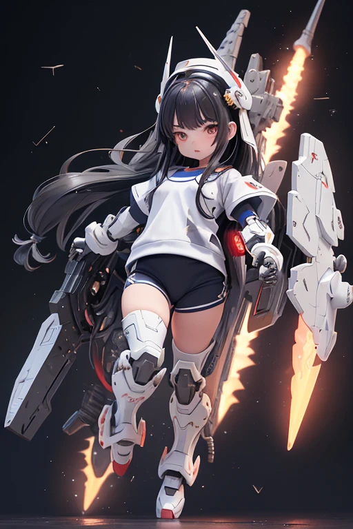(highest quality)), ((masterpiece)), (Very detailed: 1.3), 3D, {(One Girl)}, (Navy blue bloomers and、Wear a white gym suit with colored hems underneath the armor:1.2), (Black Hair:1.5), (She is fused with a Gundam mecha from the future.:1.2), With headgear, With V-fin , Armored Shoulders,Armed, Armor under the feet, Short sleeve, Equipped with two huge weapons on its back, Weapon module mounted on the leg, Multi-layer texture perfect ratio, Octane Rendering, Duotone Lighting, Low ISO, wide aperture, White balance, Three-part method, Ultra HD 16k, High resolution (High Dynamic Range), Ray Tracing, NVIDIA, Super Resolution, Scattered beneath the surface, PBR Texturing, Post-processing, Anisotropic Filtering, Depth of written boundary, Maximum clarity and sharpness, Highly efficient subpixels, Subpixel Convolution, Particles of light, Scattered Light, Tyndall effect, whole body:1.5, Combat pose, cute, (cute:1.2), (Long Hair:1.3),Thick eyebrows, Light-colored irises, Big, bright black eyes, Long eyelashes, Small, light-colored, natural lips, (The average face of the Japan idol), (日本人特有のBaby Face:1.3), (), Wide forehead:1.2, Plump Cheeks, Small jaw, In the Hangar,View your viewers,Focus on the eyes , (Four perfect fingers, One thumb),