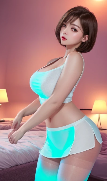 Ultra realistic ((Top Quality、16K、​masterpiece:1.3))、a tall and beautiful woman、Perfect Figure:1.4、retro futuristic aesthetic, young woman (charming) solo, pale-brown hair (short hairstyle), realistic hair, realistic eyes, pale-white skin (highlighted, realistic shading)、huge bust、Highly detailed facial and skin texture、(A detailed eye, Symmetry Eyes, Clear realistic eyes, Double eyelidd、Cold-stricken face、Symmetrical face), very  realistic skin, goth makeup, Royal sisters full of fans、The Telegraph Esbian、peach buttocks, white women's shirt, alternative skirt, black tights,  squart、(Raw foto:1.2)、((Photorealcitic:1.4))Top Quality、​masterpiece、Real Photography、very delicate and beautiful.、super detailed CG、Unity、8K photo wallpaper、delicate detail、best qualtiy、Highly detailed CG unity 16k wallpaper、absurderes、Incredibly Absurd、huge file size、extremely highly detailed、Hight Resolution、ighly Details、Beautiful detail girl、extremely beautiful eyes and face, cute eyes look、Facial light、cinematic lightings、(Proportional hips, thick thighs, beautiful legs, realistic pantyhose) 1girll、see -through, inside a futuristic bedroom, neon soft lights in the dark room environment (soft magenta, cyan and pale-yellow ambient lights) , dream atmosphere、ulzzang-6500、The Telegraph Esbian, different poses at different angles,