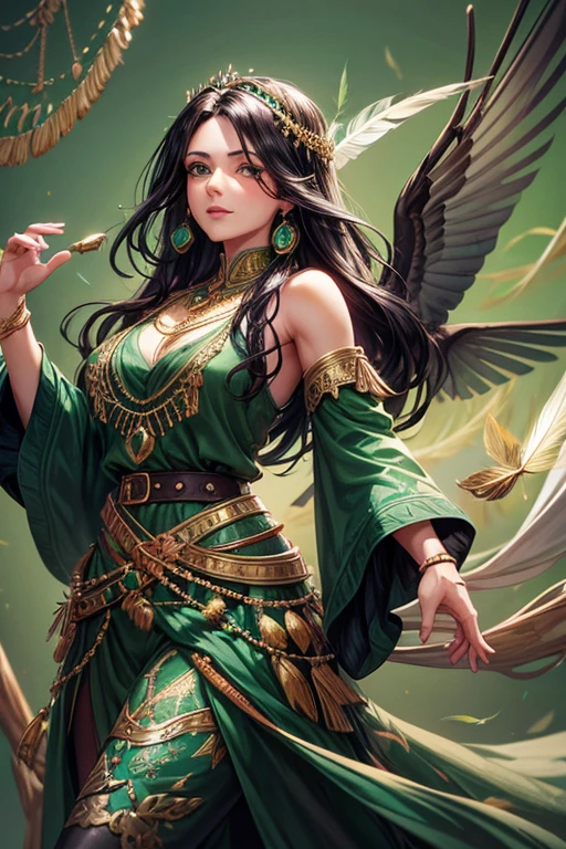 Sultana, 40-year-old woman, messy black hair with hummingbird feather decorations, green eyes, green Arabic clothing, dark green vest with green hummingbird prints with feathers, silver belt, dark green pants, hummingbird feather pendant with symbol Arab with emerald gems, gold rings on both. hands complexion slim palace background