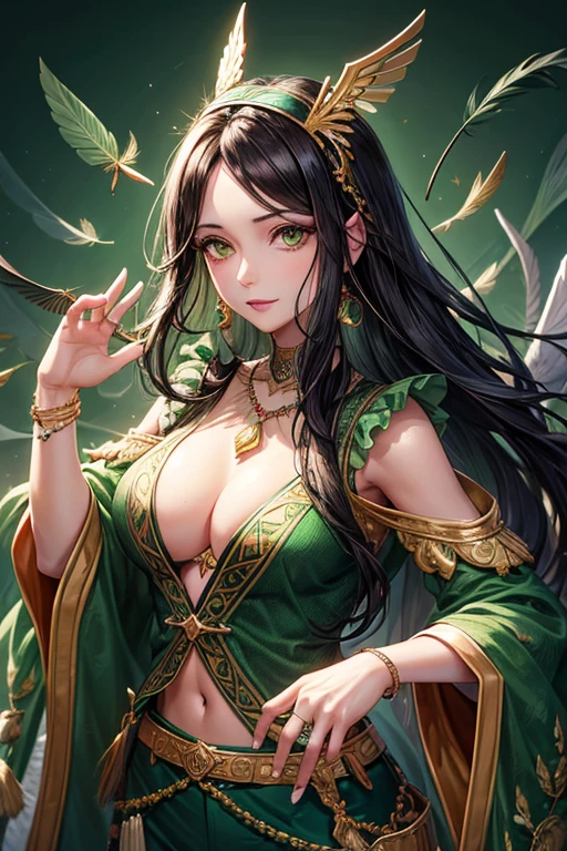 Sultana, 40-year-old woman, messy black hair with hummingbird feather decorations, green eyes, green Arabic clothing, dark green vest with green hummingbird prints with feathers, silver belt, dark green pants, hummingbird feather pendant with symbol Arab with emerald gems, gold rings on both. hands complexion slim palace background
