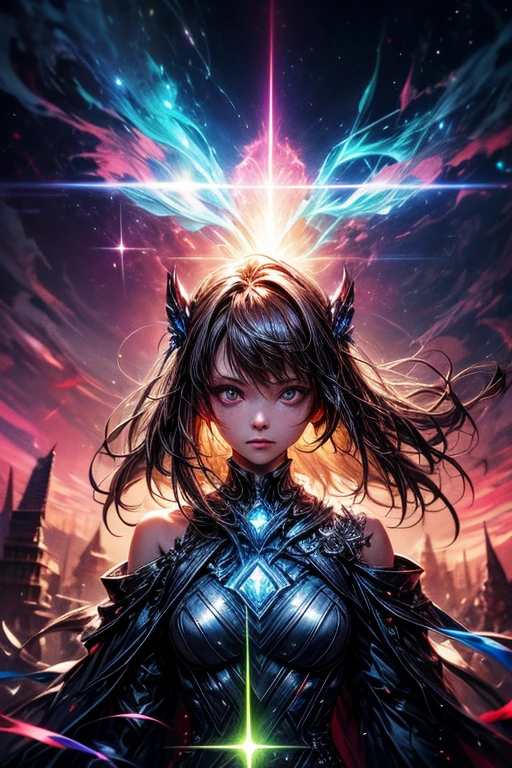masterpiece, highest quality, Incredibly absurd, Detailed Background, (Luminous effect), Starry Sky, Shining nebula sky, colorful, Neon Light, Fantasy, One girl, alone, Long Hair