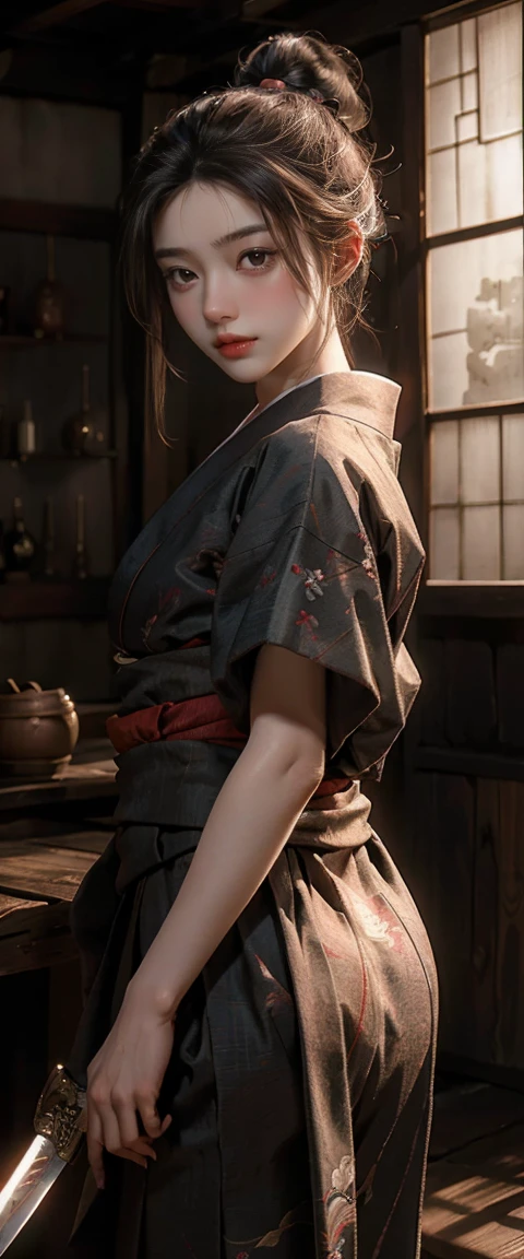 masterpiece、highest quality、超High resolution、realistic skin texture、Wearing a Japanese kimono and hakama、(He has a sword at his waist.)、photorealistic、High resolution、Raw photo、shiny skin、realistic skin texture、best lighting、shine、dramatic lighting、dynamic pose、Japan wooden house、Female Samurai、swing a sword、1girl、balanced eyes、Wearing a Japanese kimono and hakama、ponytail、Blue eyes、look at the audience、 big breasts、big ass、