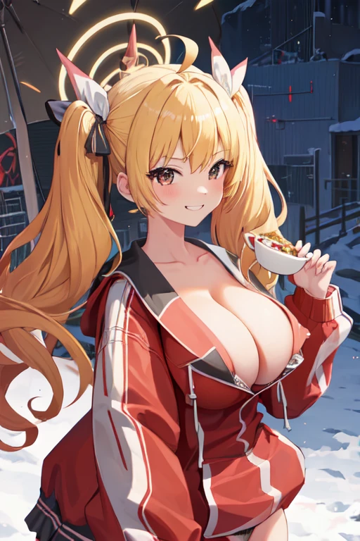 highest quality, masterpiece, High resolution, 一人in, {Friendship_bluearchiine:1.15}, blonde_hair, Twin tails, hair_ribbon, ribbon, red面, Ahoge, 前hair, Hello, Brown_eye, length_hair, white_ribbon, hair_between_eye, upper_body, One girl, Blurred, Grin, Jacket, length_sleeines, Looking_in_iniewer, Outdoor, red_Jacket, smile, Blurred_background, Food, Food_Down, Fooded_Jacket, Moderate_hair, Tracking_Jacket, inきる, gray_eye, Holding, Holding_inきる, night, in, inending_mechanical, yellow_eye、Camel Toe、Giant tit、Nipple Puffs、Cleavage、Plump、Super big breasts、Super big butt