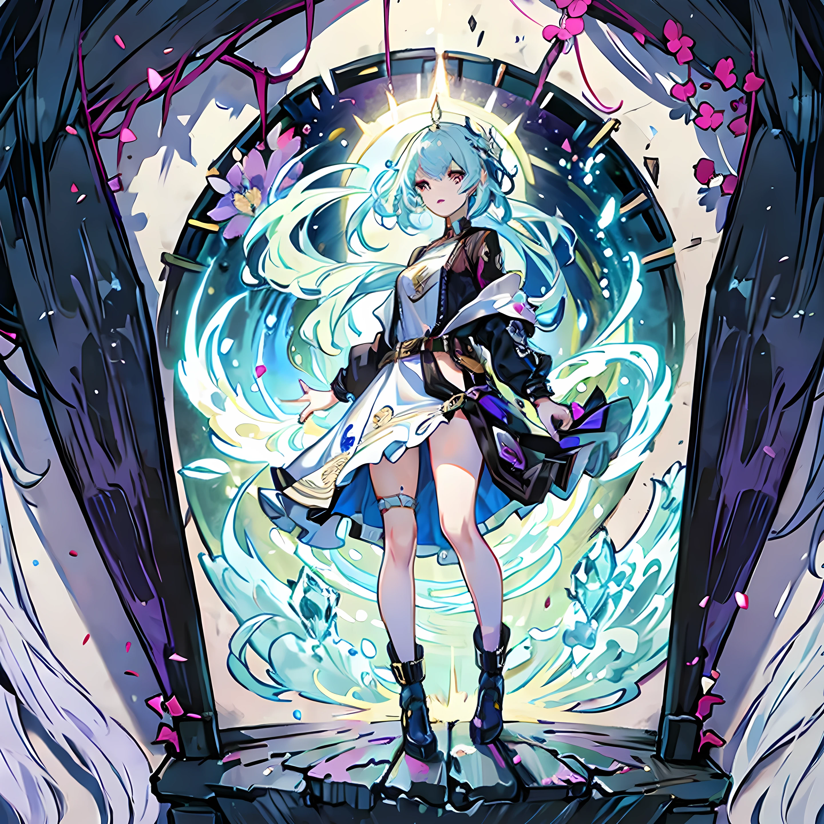 (high resolution:1.2, ultra-detailed, realistic:1.37), blue-haired girl with one yellow eye and one lilac eye, wearing grunge clothes, in a vibrant garden setting. She stands confidently, her eyes gazing into the distance. Her long, flowing hair cascades down her back, shimmering in shades of light blue. The sun illuminates her face, highlighting her beautifully detailed eyes and face. Her lips, painted in a dark shade of purple, add a touch of mystery and allure to her expression. Her grunge outfit consists of ripped jeans, a band t-shirt, and a worn-out leather jacket. She wears chunky boots and accessorizes with multiple silver rings and spiked bracelets. The garden surrounding her is filled with blooming flowers in various colors, creating a kaleidoscope of vibrant hues. The atmosphere is ethereal, with rays of sunlight filtering through the leaves, casting a soft, warm glow. The girl possesses an air of confidence and defiance, embodying the spirit of rebellion and individuality. The overall composition is reminiscent of an artful photograph, capturing the girl's unique style and personality.