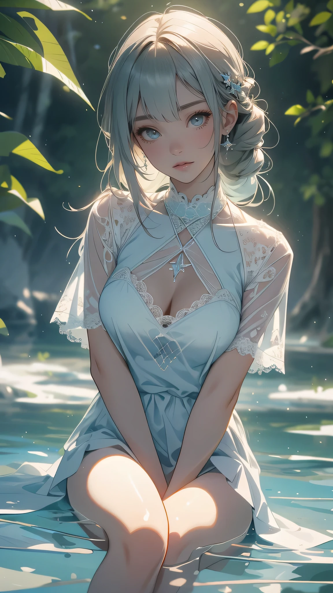 sitting,spread legs,(Random Pose),(floating in water),(soaked),(clothed:1.5),baggy t-shirt,(see through),lace swimsuit,(Thin type),(large breasts),(random hairstyle),(Highest image quality, (8K), Ultra-realistic, Best Quality, High quality, High Definition, high quality texture, high detailing, Beautiful detailed, fine detailed, extremely details CG, Detailed texture, realistic representation of face, masterpiece, presence)