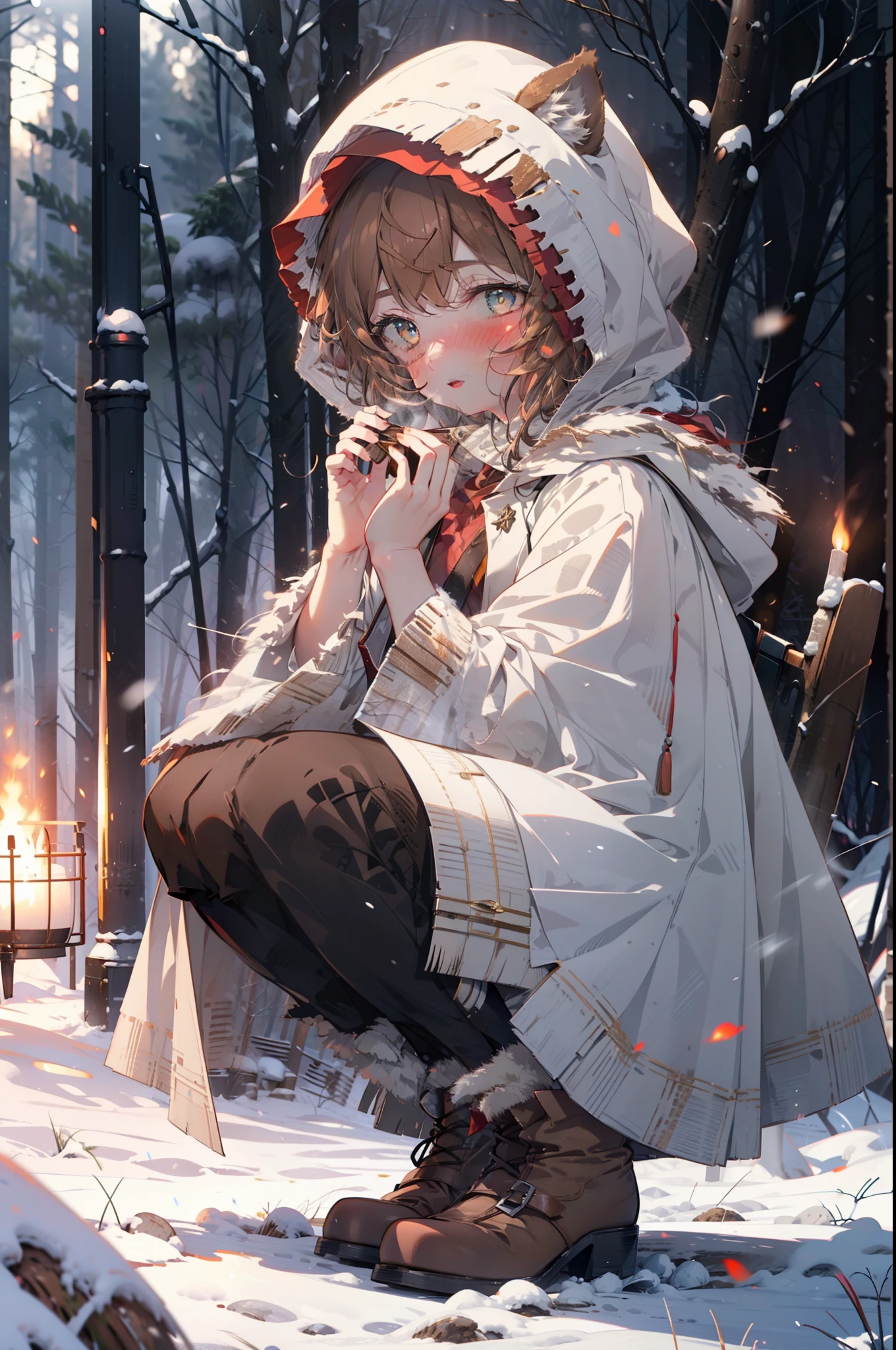 Liliru Card, Liliruca gets burned, Animal ears, (Brown eyes:1.7), Brown Hair, (Flat Chest:1.2), short hair,smile,blush,White Breath,
Open your mouth,snow,Ground bonfire, Outdoor, boots, snowing, From the side, wood, suitcase, Cape, Blurred, having meal, forest, White handbag, nature, Squat, Mouth closed, Cape, winter, Written boundary depth, Black shoes, red Cape break looking at viewer, Upper Body, whole body, break Outdoor, forest, nature, break (masterpiece:1.2), highest quality, High resolution, unity 8k wallpaper, (shape:0.8), (Beautiful and beautiful eyes:1.6), Highly detailed face, Perfect lighting, Highly detailed CG, (Perfect hands, Perfect Anatomy),
