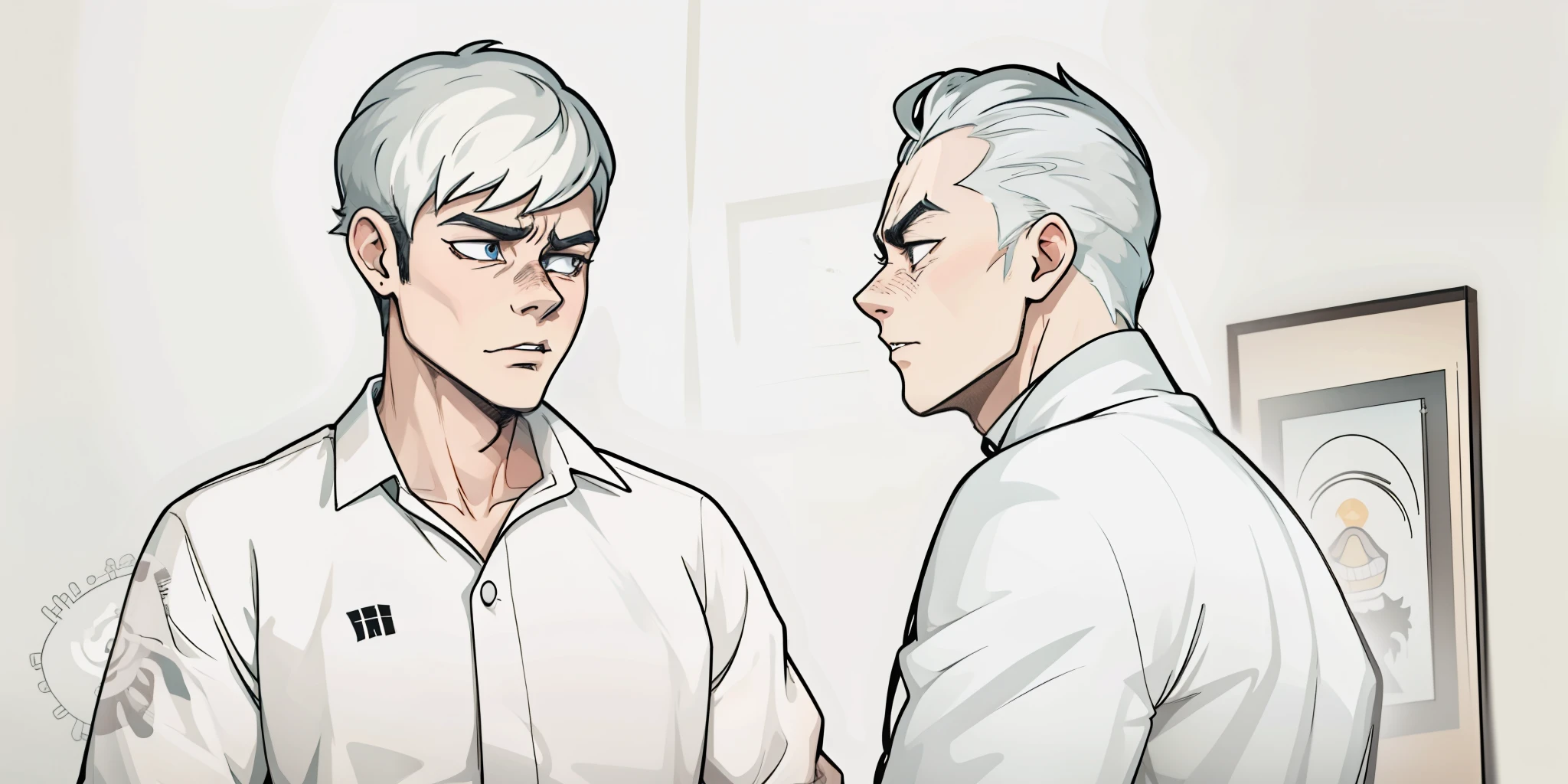 There is a young man and a man with an evil look is bad, a villain who threatens him intimidates him.