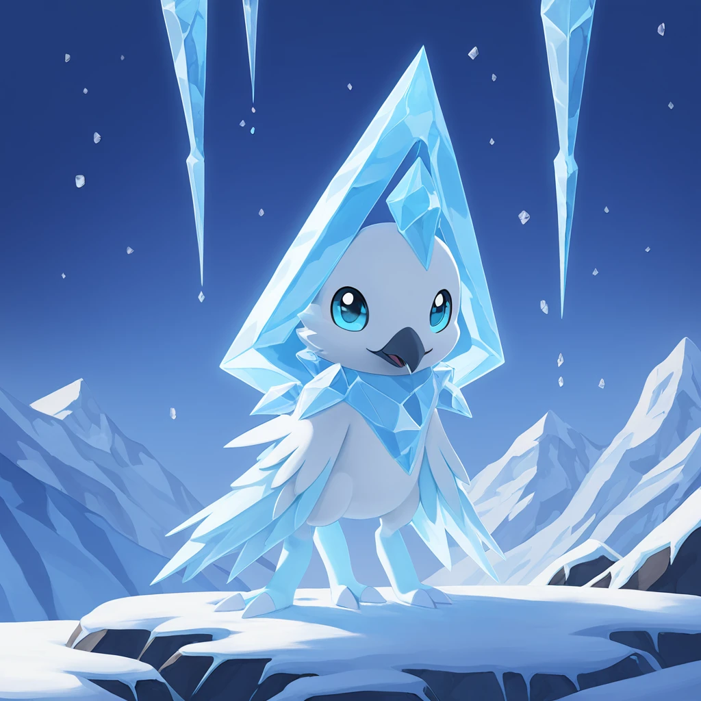 A digimon who's always covered in snow and it melts when exposed to sunlight and it has a icicle hanging from its beak, colors are primarily ice-white and ice-blue, background snowy mountain at night