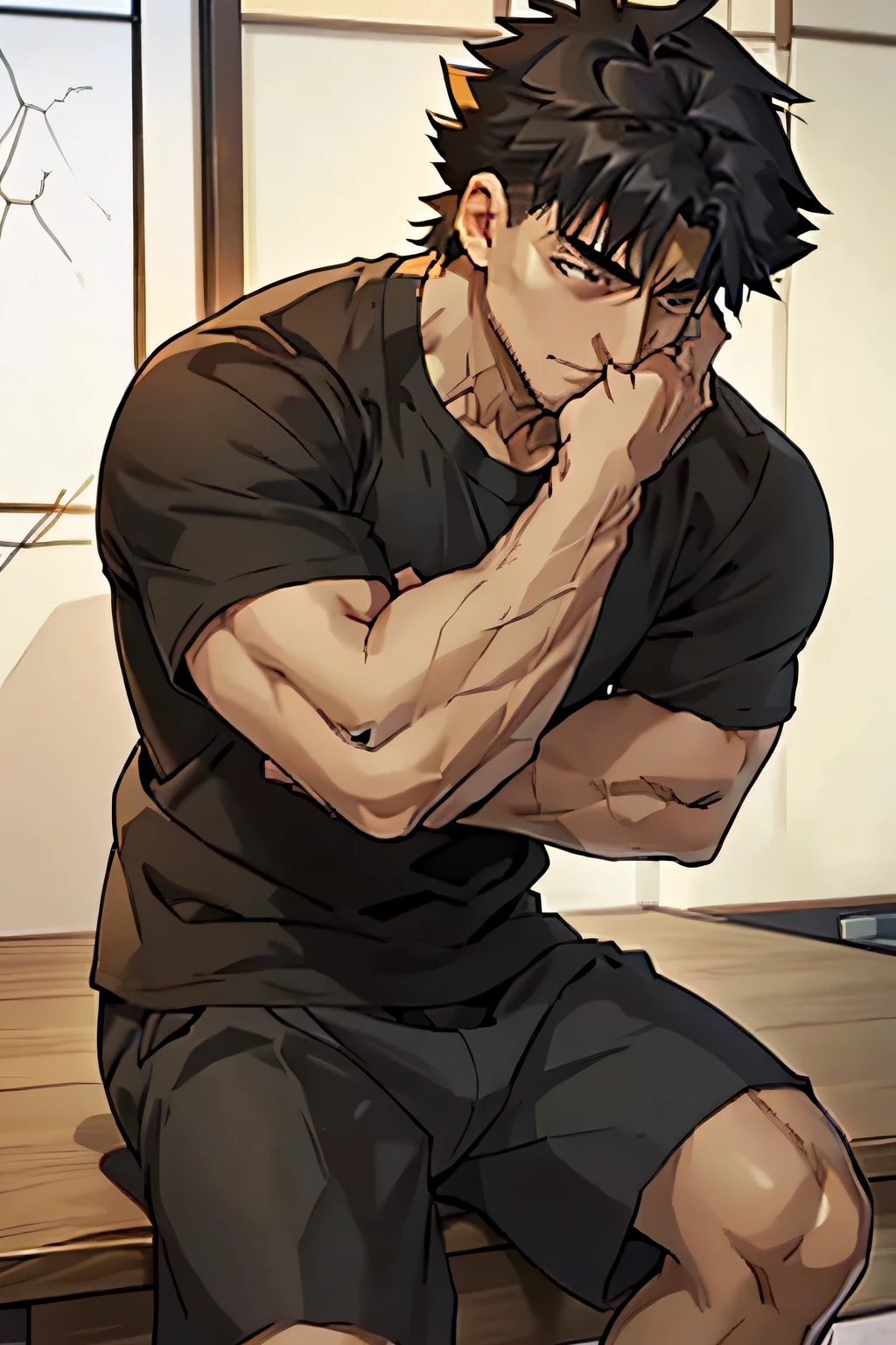 Kiritsugu Emiya is sitting and flexing his biceps. He wears a black tshirt with short sleeves and black boxershorts. His arms have many huge veins.