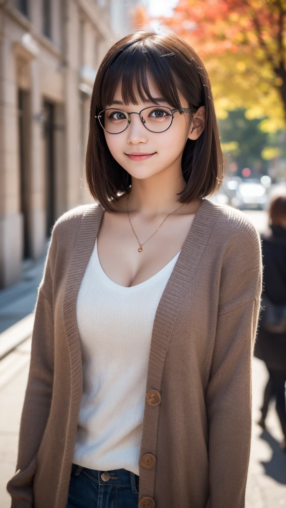 1 girl, (Wear casual fall clothes:1.2), (:1.5), Young Face, Cute face,
(RAW Photos, highest quality), (Realistic, Photorealistic:1.4), Tabletop, Sharp focus,
Very delicate and beautiful, Very detailed, 2k wallpaper, wonderful, finely,
Very detailed CG Unity 8K wallpaper, Very detailed, High resolution, Soft Light,
Beautiful detailed girl, Very detailed目と顔, Beautiful and detailed nose, Beautiful and beautiful eyes,
Passing through the autumn streets, Cinema Lighting,
Perfect Anatomy, Slender body, Straight Short Hair, Parted bangs, Big smile, Looking at the audience、Black-rimmed glasses、Facing forward、Cleavage、Blushing with embarrassment、With tears in his eyes、