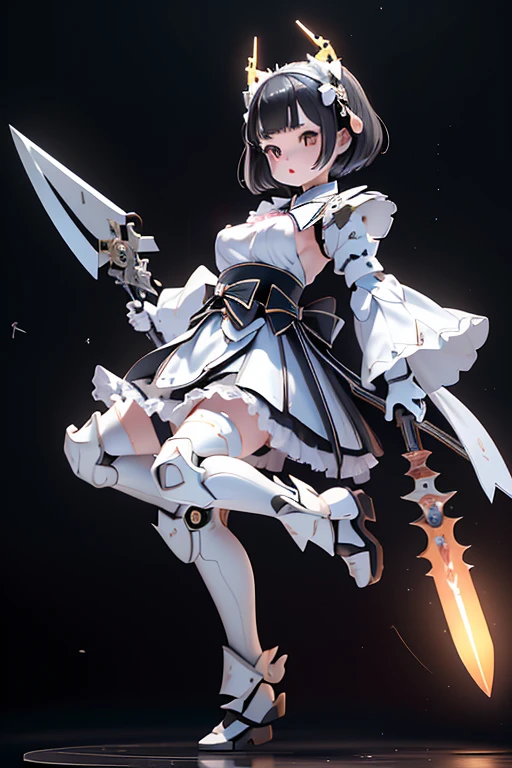 (highest quality)), ((masterpiece)), (Very detailed: 1.3), 3D, {( girl)}, Wearing a white frilly Gothic Lolita outfit, (She is fused with a Gundam mecha from the future.), With headgear, With V-fin , Armored Shoulders,Armed, Armor under the feet, Multi-layer texture perfect ratio, Octane Rendering, Duotone Lighting, Low ISO, wide aperture, White balance, Three-part method, Ultra HD 16k, High resolution (High Dynamic Range), Ray Tracing, NVIDIA, Super Resolution, Scattered beneath the surface, PBR Texturing, Post-processing, Anisotropic Filtering, Depth of written boundary, Maximum clarity and sharpness, Highly efficient subpixels, Subpixel Convolution, Particles of light, Scattered Light, Tyndall effect, whole body:1.5, Combat pose, cute, (cute:1.2), (Bobcut:1.3),Braid, Black Hair, Thick eyebrows, Light-colored irises, Big, bright black eyes, Long eyelashes, Small, light-colored, natural lips, (The average face of the Japan idol), (日本人特有のBaby Face:1.3), (Baby de forehead:1.2, Plump Cheeks, Small jaw, Visible side boob, (Has a huge weapon:1.5), In the Hangar,View your viewers,Focus on the eyes , (Four perfect fingers, One thumb),