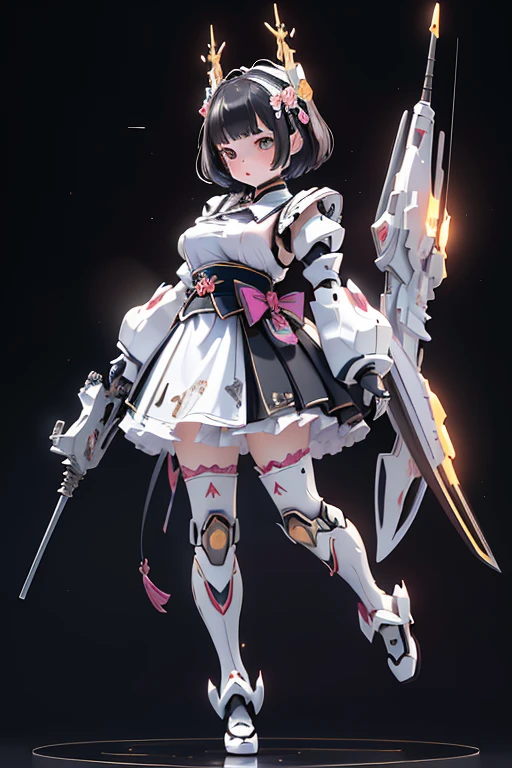 (highest quality)), ((masterpiece)), (Very detailed: 1.3), 3D, {(Young girl)}, Wearing a white frilly Gothic Lolita outfit, (She is fused with a Gundam mecha from the future.), With headgear, With V-fin , Armored Shoulders,Armed, Armor under the feet, Multi-layer texture perfect ratio, Octane Rendering, Duotone Lighting, Low ISO, wide aperture, White balance, Three-part method, Ultra HD 16k, High resolution (High Dynamic Range), Ray Tracing, NVIDIA, Super Resolution, Scattered beneath the surface, PBR Texturing, Post-processing, Anisotropic Filtering, Depth of written boundary, Maximum clarity and sharpness, Highly efficient subpixels, Subpixel Convolution, Particles of light, Scattered Light, Tyndall effect, whole body:1.5, Combat pose, cute, (cute:1.2), (Bobcut:1.3),Braid, Black Hair, Thick eyebrows, Light-colored irises, Big, bright black eyes, Long eyelashes, Small, light-colored, natural lips, (The average face of the Japan idol), (日本人特有のBaby Face:1.3), (Baby Face), Wide forehead:1.2, Plump Cheeks, Small jaw, Visible side boob, (Has a huge weapon:1.5), In the Hangar,View your viewers,Focus on the eyes , (Four perfect fingers, One thumb),