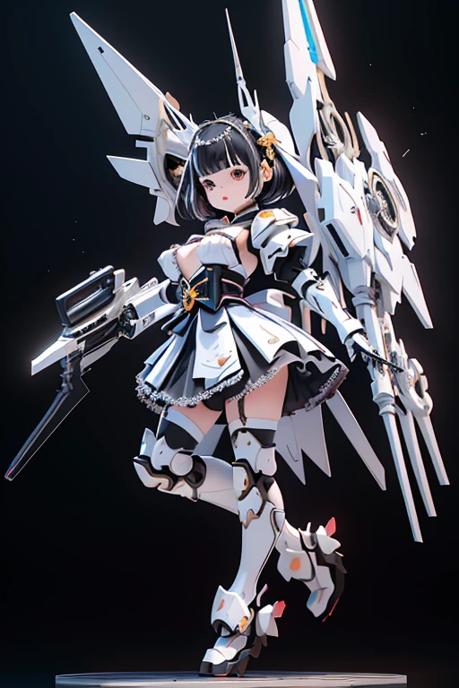 (highest quality)), ((masterpiece)), (Very detailed: 1.3), 3D, {(Young girl)}, Wearing a white frilly Gothic ta outfit, (She is fused with a Gundam mecha from the future.), With headgear, With V-fin , Armored Shoulders,Armed, Armor under the feet, Multi-layer texture perfect ratio, Octane Rendering, Duotone Lighting, Low ISO, wide aperture, White balance, Three-part method, Ultra HD 16k, High resolution (High Dynamic Range), Ray Tracing, NVIDIA, Super Resolution, Scattered beneath the surface, PBR Texturing, Post-processing, Anisotropic Filtering, Depth of written boundary, Maximum clarity and sharpness, Highly efficient subpixels, Subpixel Convolution, Particles of light, Scattered Light, Tyndall effect, whole body:1.5, Combat pose, cute, (cute:1.2), (Bobcut:1.3),Braid, Black Hair, Thick eyebrows, Light-colored irises, Big, bright black eyes, Long eyelashes, Small, light-colored, natural lips, (The average face of the Japan idol), (日本人特有のBaby Face:1.3), (Baby Face), Wide forehead:1.2, Plump Cheeks, Small jaw, Visible side boob, (Has a huge weapon:1.5), In the Hangar,View your viewers,Focus on the eyes , (Four perfect fingers, One thumb),