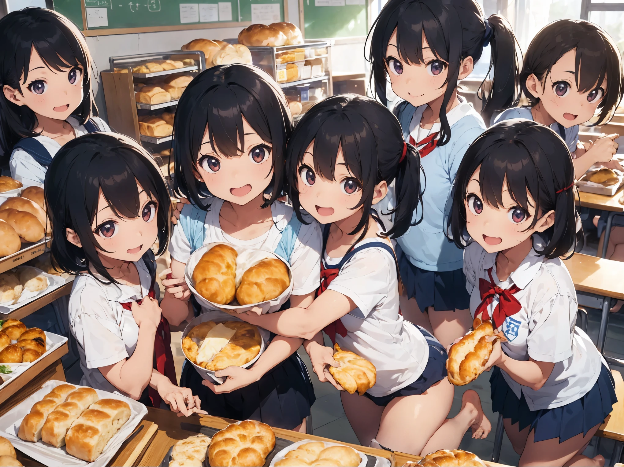 School classroom、Ampang、ordinary bread、Curry bread、Melon bread、Crowded、butter、cheese、Light blue micro bikini big breasted sisters hug、barefoot、many friends、Kabao、Baikinman、Dokin-chan