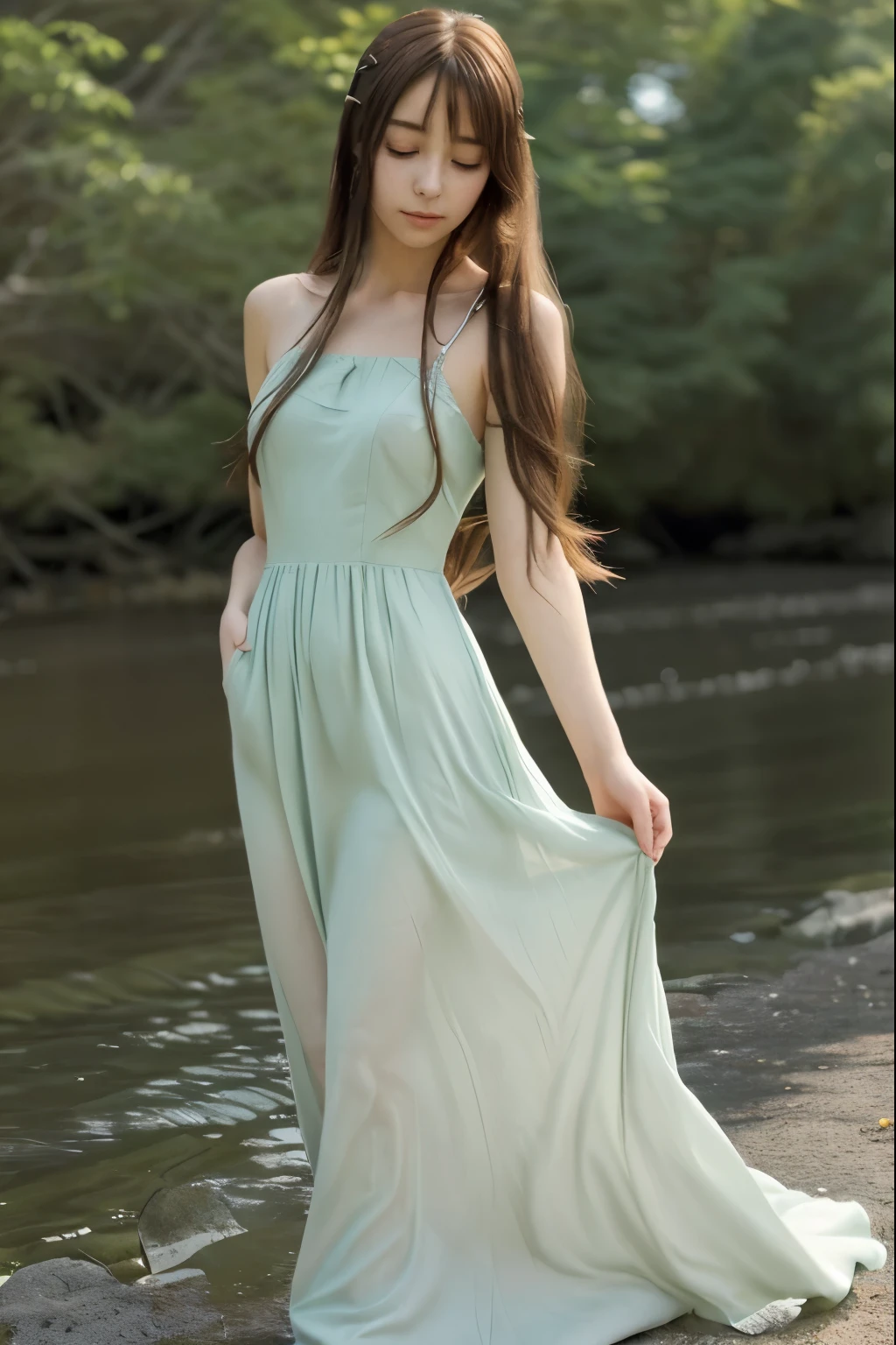 Beautiful anime girl, long whispy hair, tranquil and serine , long delicate dress