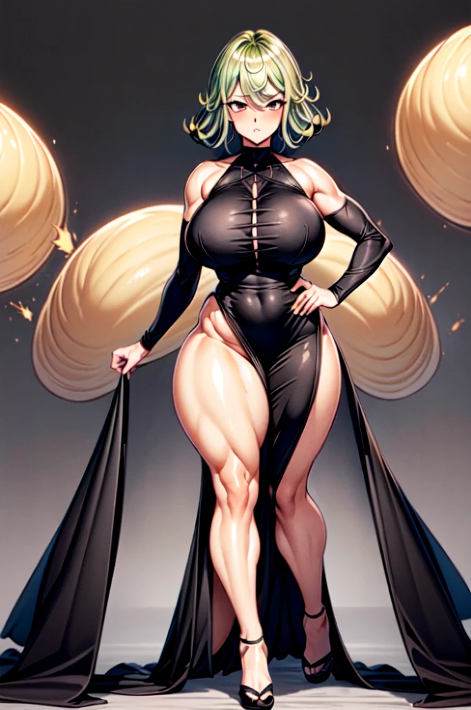 Tatsumaki with over exaggerated large glutes, huge glutes, thick glutes, rounded glutes, wide hips, , black dress, thighs showing, dress shows off figure