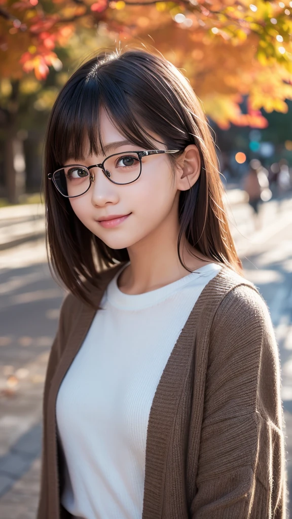 1 girl, (Wear casual fall clothes:1.2), (:1.5), Young Face, Cute face,
(RAW Photos, highest quality), (Realistic, Photorealistic:1.4), Tabletop, Sharp focus,
Very delicate and beautiful, Very detailed, 2k wallpaper, wonderful, finely,
Very detailed CG Unity 8K wallpaper, Very detailed, High resolution, Soft Light,
Beautiful detailed girl, Very detailed目と顔, Beautiful and detailed nose, Beautiful and beautiful eyes,
Passing through the autumn streets, Cinema Lighting,
Perfect Anatomy, Slender body, Straight Short Hair, Parted bangs, Big smile, Looking at the audience、Black-rimmed glasses、Facing forward、Mid-chest、valley、Blushing with embarrassment、