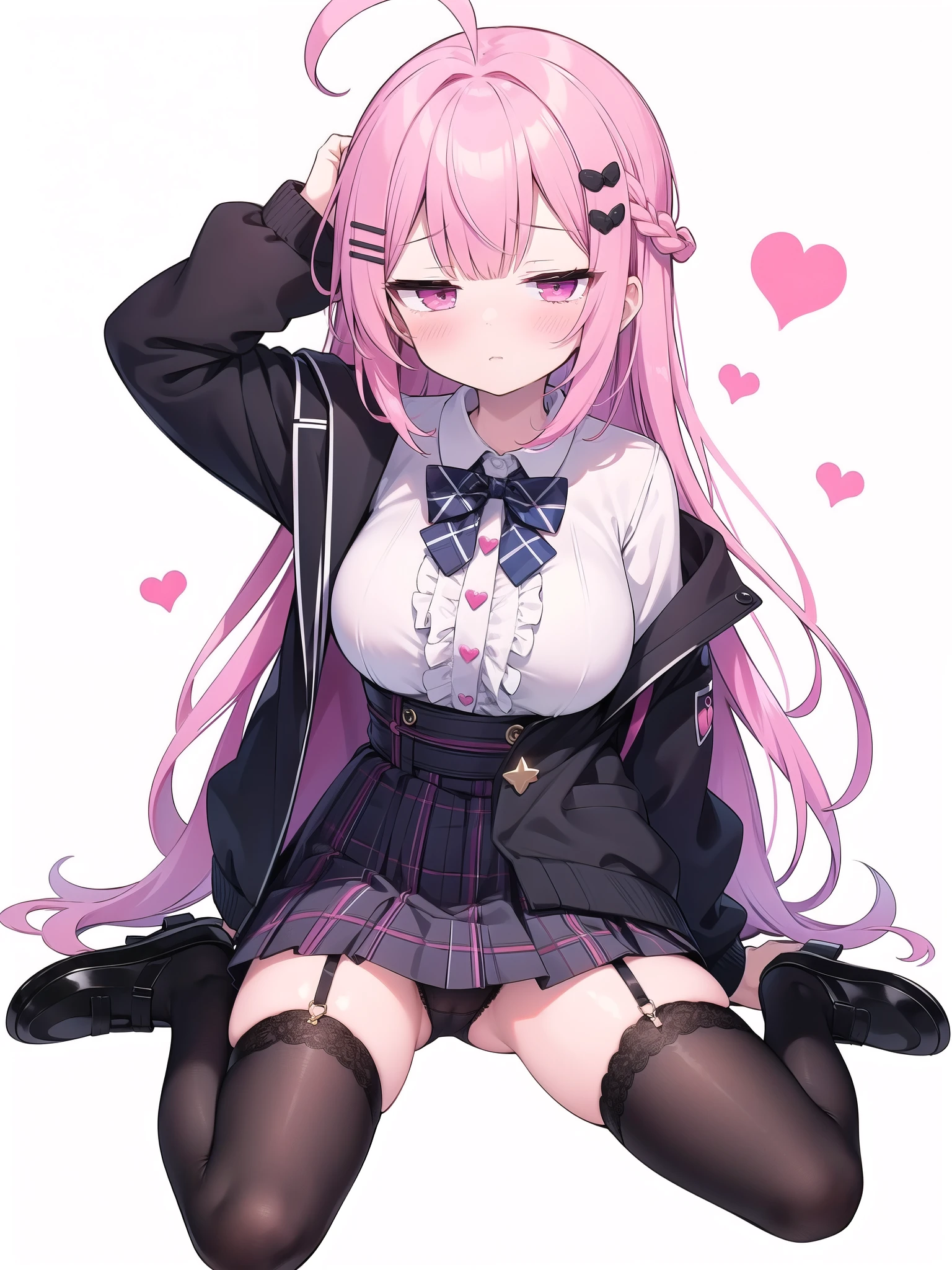 garter belt,Strawberry patterned panties,Big breasts with legs spread,High Resolution 1girl Ahoge Bobby_pin bow bowtie braid brOwn_目s collared_shirt dojikko_Temporarily stop_shirt frilled_shirt_Color Free Joint_skirt frills hair_bow hair_ornament hairpin hand_in addition_Own_head, heart, heart_hair_Decorative hood_jacket jacket lin additiong_Pentagon Pink_hair plaid plaid_Ribbon Check_Pleated skirt_skirt shirt shoelaces shoes simple_background sitting skirt solo star_(symbol) twin_Braided Warisa White_Background bus stop_Knee socks, whole body