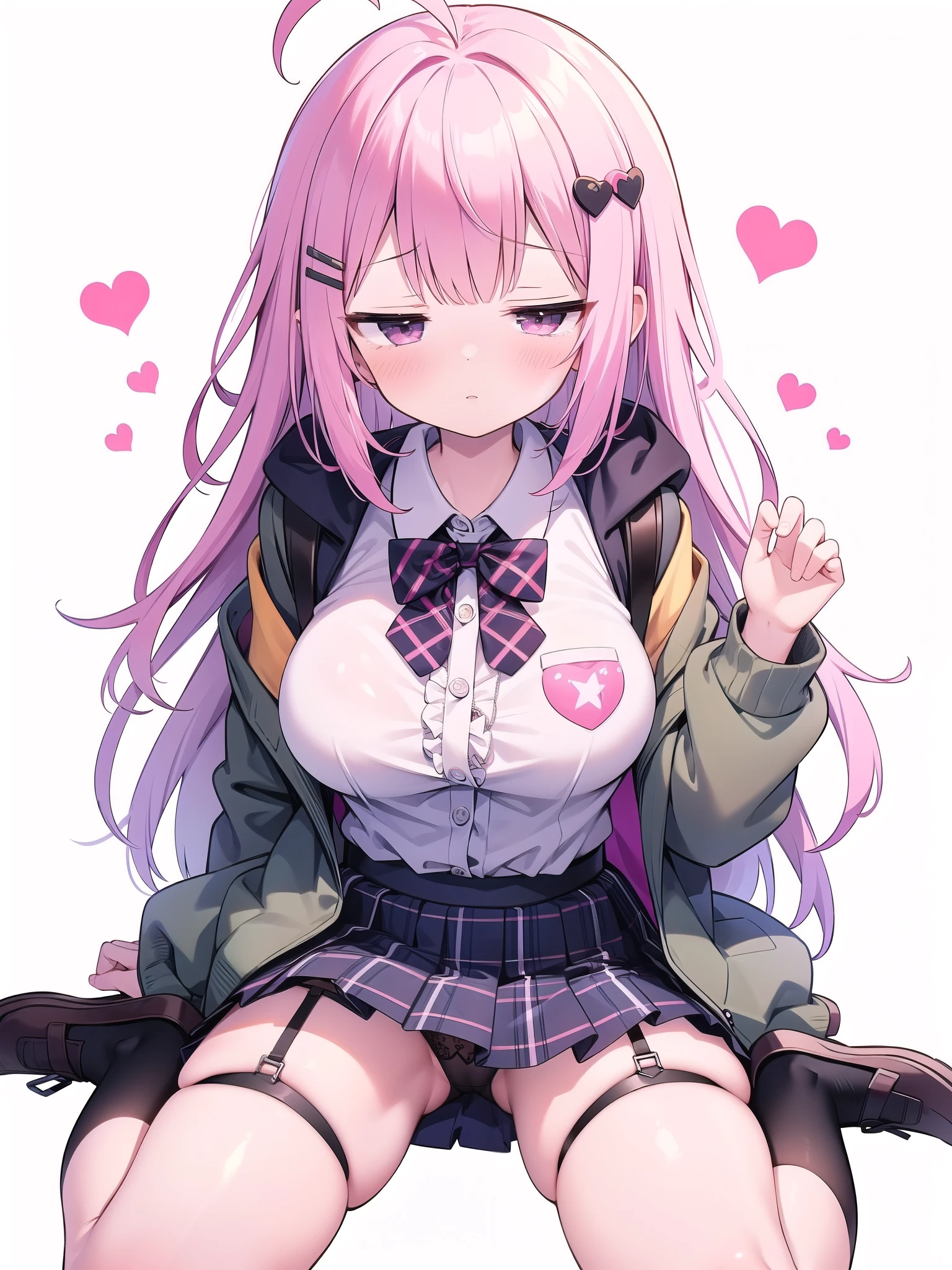garter belt,Strawberry patterned panties,Big  with legs spread,High Resolution 1girl Ahoge Bobby_pin bow bowtie braid brOwn_目s collared_shirt dojikko_Temporarily stop_shirt frilled_shirt_Color Free Joint_skirt frills hair_bow hair_ornament hairpin hand_in addition_Own_head, heart, heart_hair_Decorative hood_jacket jacket lin additiong_Pentagon Pink_hair plaid plaid_Ribbon Check_Pleated skirt_skirt shirt shoelaces shoes simple_background sitting skirt solo star_(symbol) twin_Braided Warisa White_Background bus stop_Knee socks, whole body