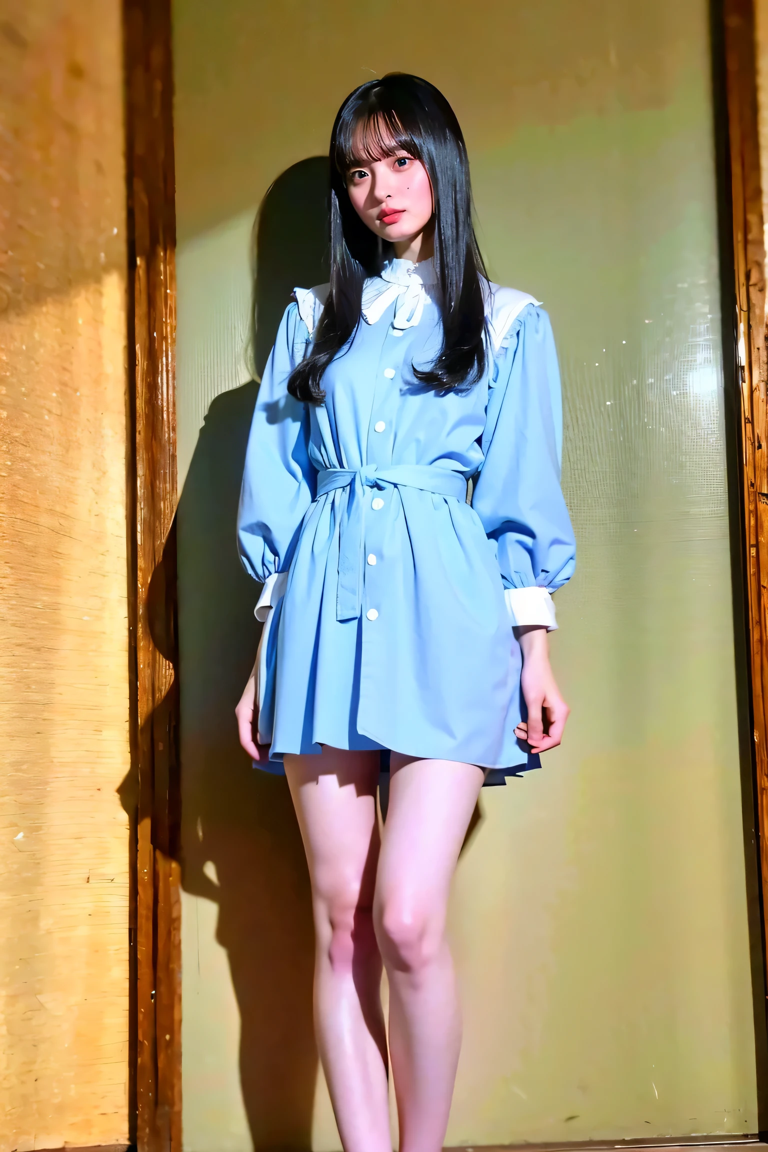 (8k、RAW Photos、highest quality、masterpiece:1.2)、(Realistic、Realistic)、1 girl、((full body shot)), standard height,narrow waist, slim body,8k、High resolution、punk fashion、beautiful girl、Android Body、young、white skin,、narrow eyes, lighting that illuminates、clear image、intellectual beauty、skinny、no makeup、anxious look、lighting that illuminates ,shining hair、single eyelid,blue eyes
