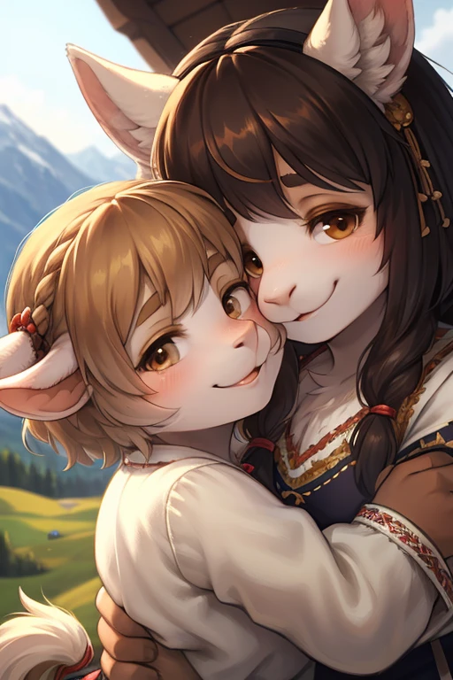 rear Bokeh , (closeup face) , 2 hairy goat girls , realistic hairy fur , round face , Swollen cheeks , smile , Hair ties , (Swiss traditional costume) , in the Mountains in Alm , front view , back shot , side view , Dutch angle , (Hug)  , Licking the cheek