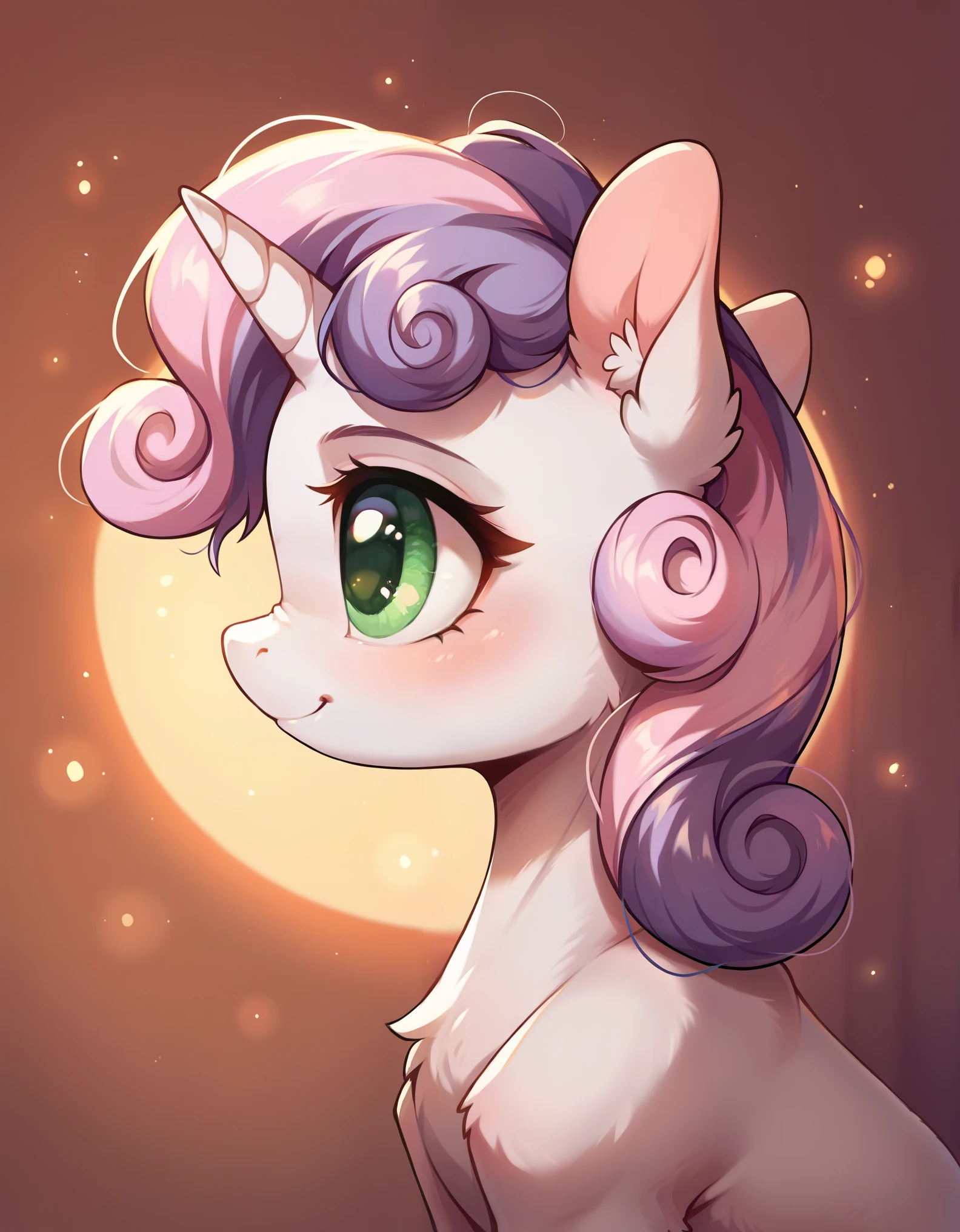 score_9, score_8_up, score_7_up, score_6_up, best quality, highres, source_furry, feral, sweetie belle, , young, profile, cute floreal background