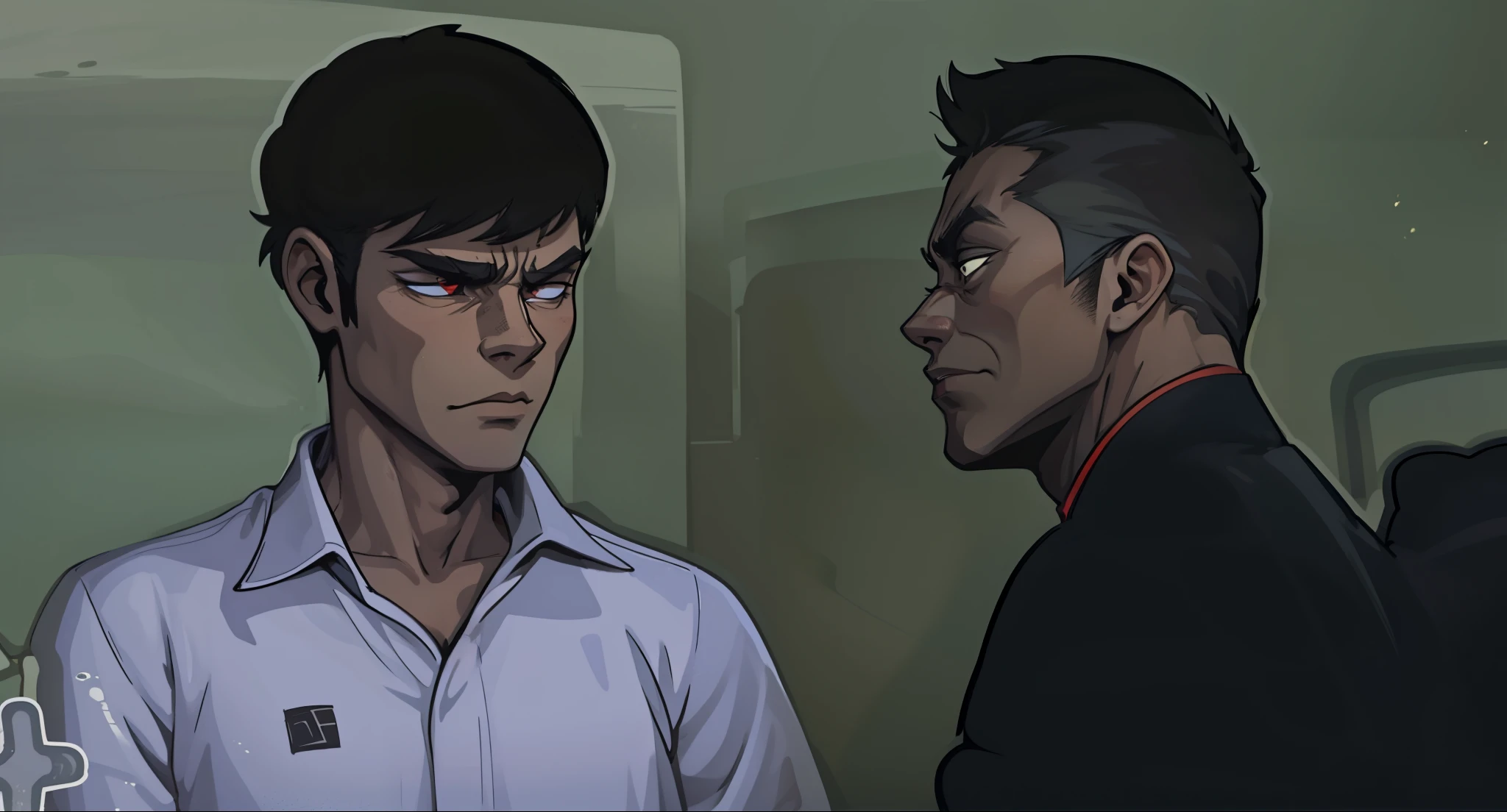 There is a young man and a man with an evil look is bad, a villain who threatens him intimidates him.